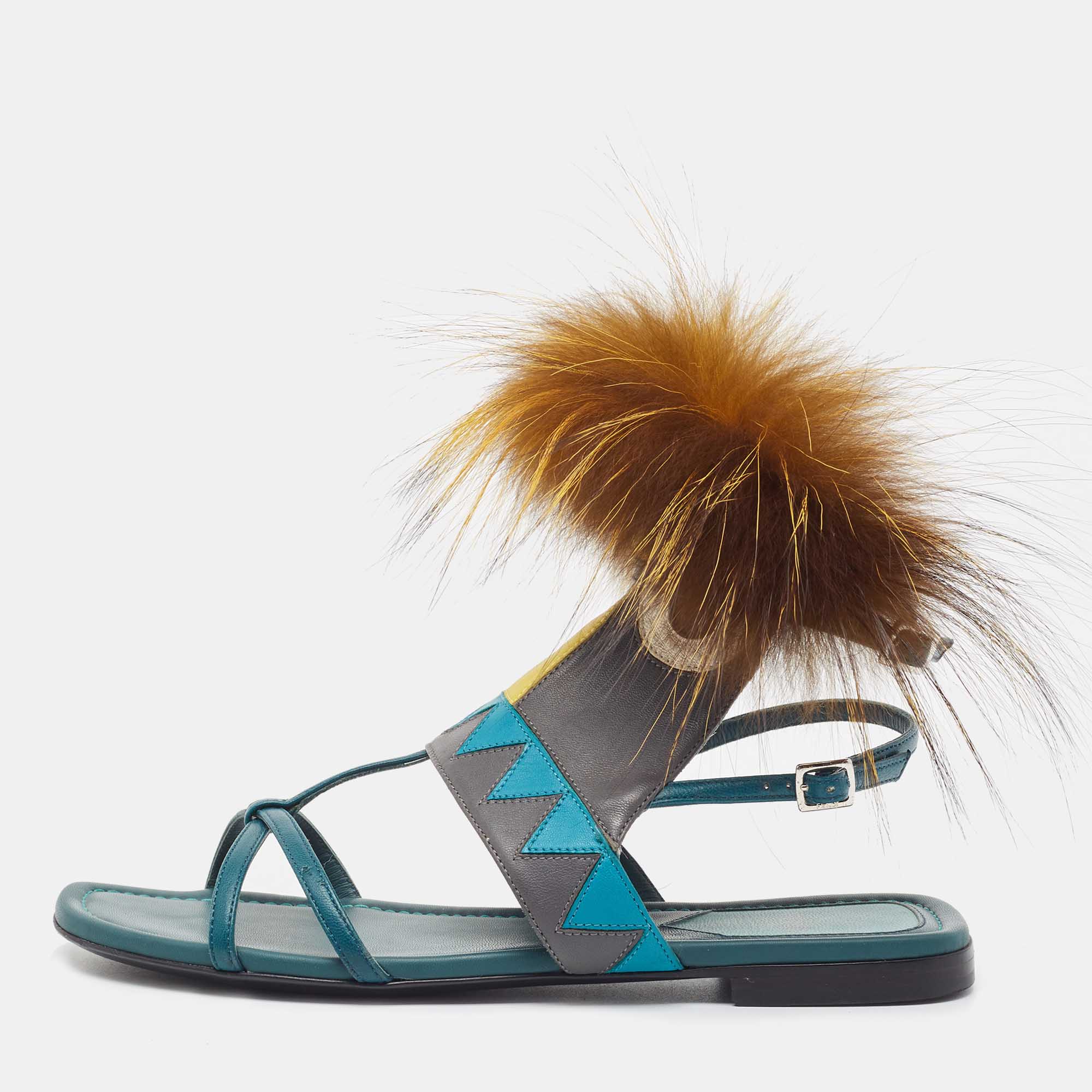 Pre-owned Fendi Tricolor Leather And Fur Monster Eye Ankle Strap Flat Sandals Size 35 In Grey