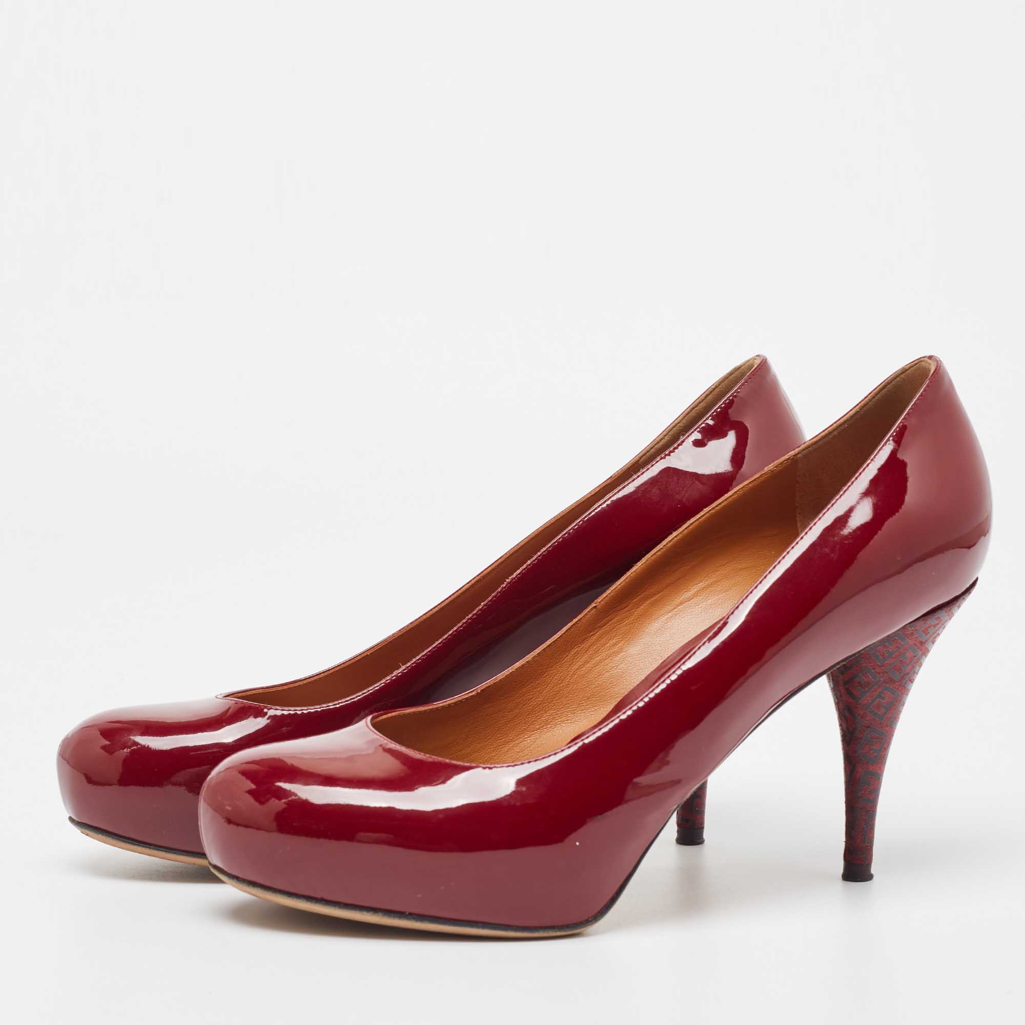 

Fendi Burgundy Patent Leather FF Heel Round Toe Pumps Size