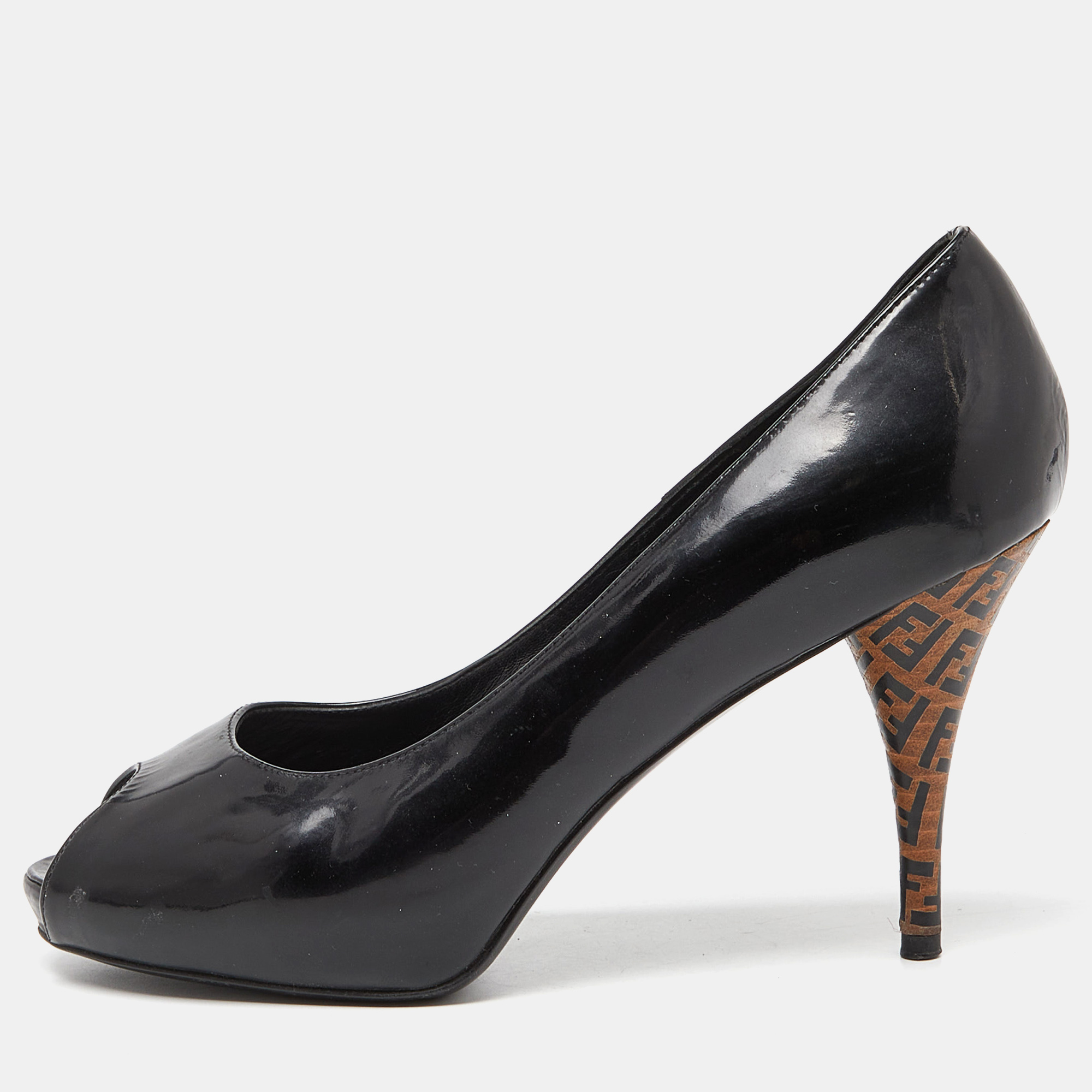 

Fendi Black Patent Leather FF Heel Peep Toe Pumps Size