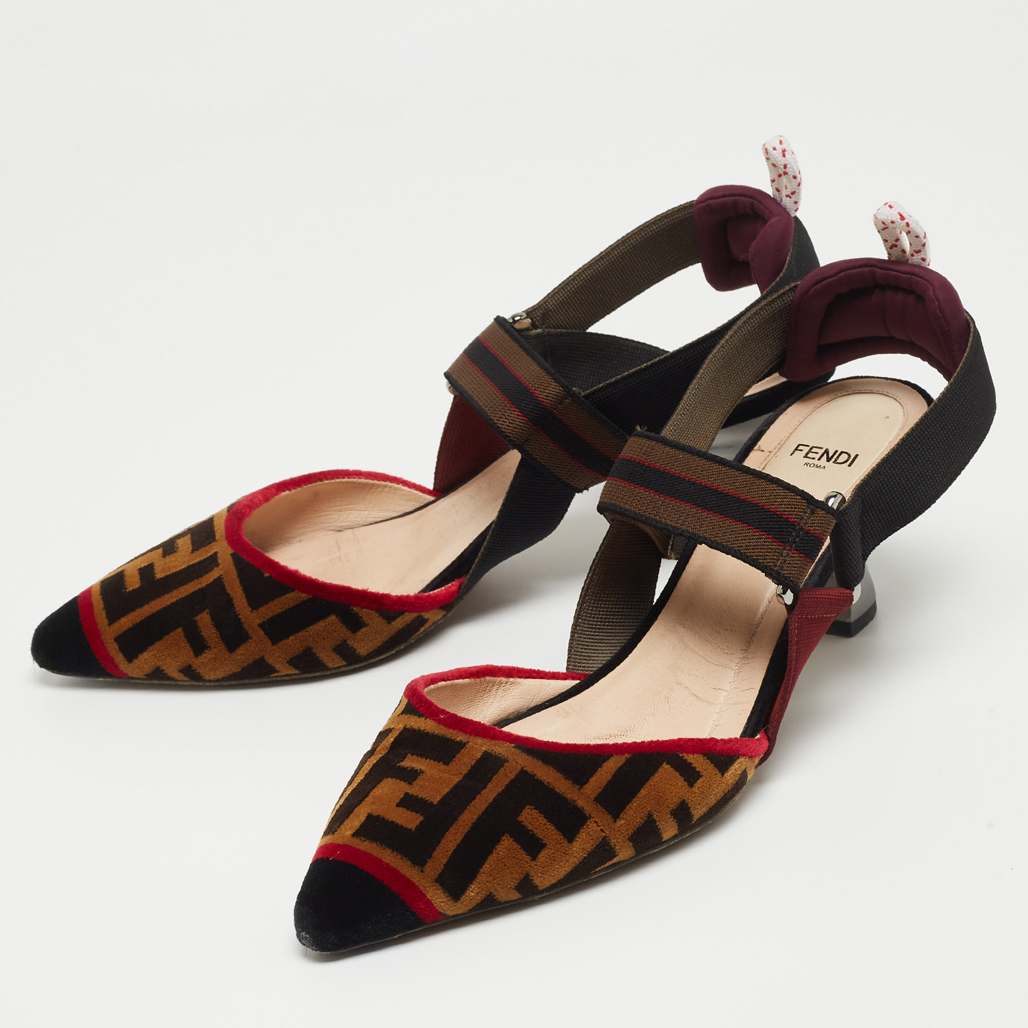 

Fendi Brown/Black Zucca Velvet Colibri Slingback Pumps Size