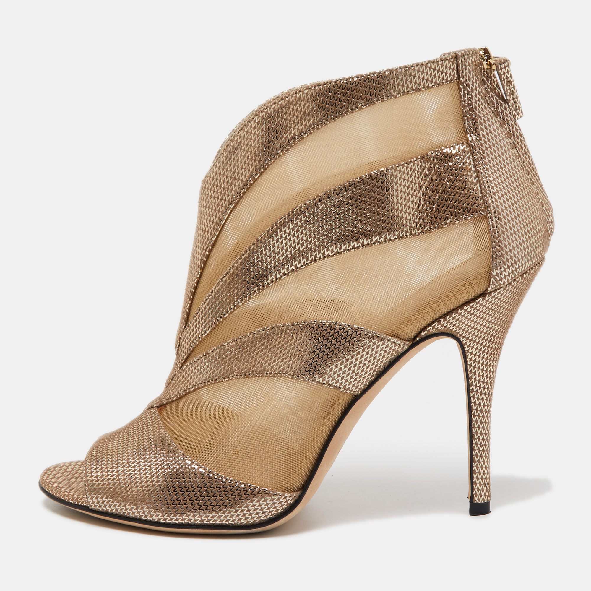 

Fendi Metallic/Beige Laminated Suede and Mesh Open Toe Ankle Booties Size