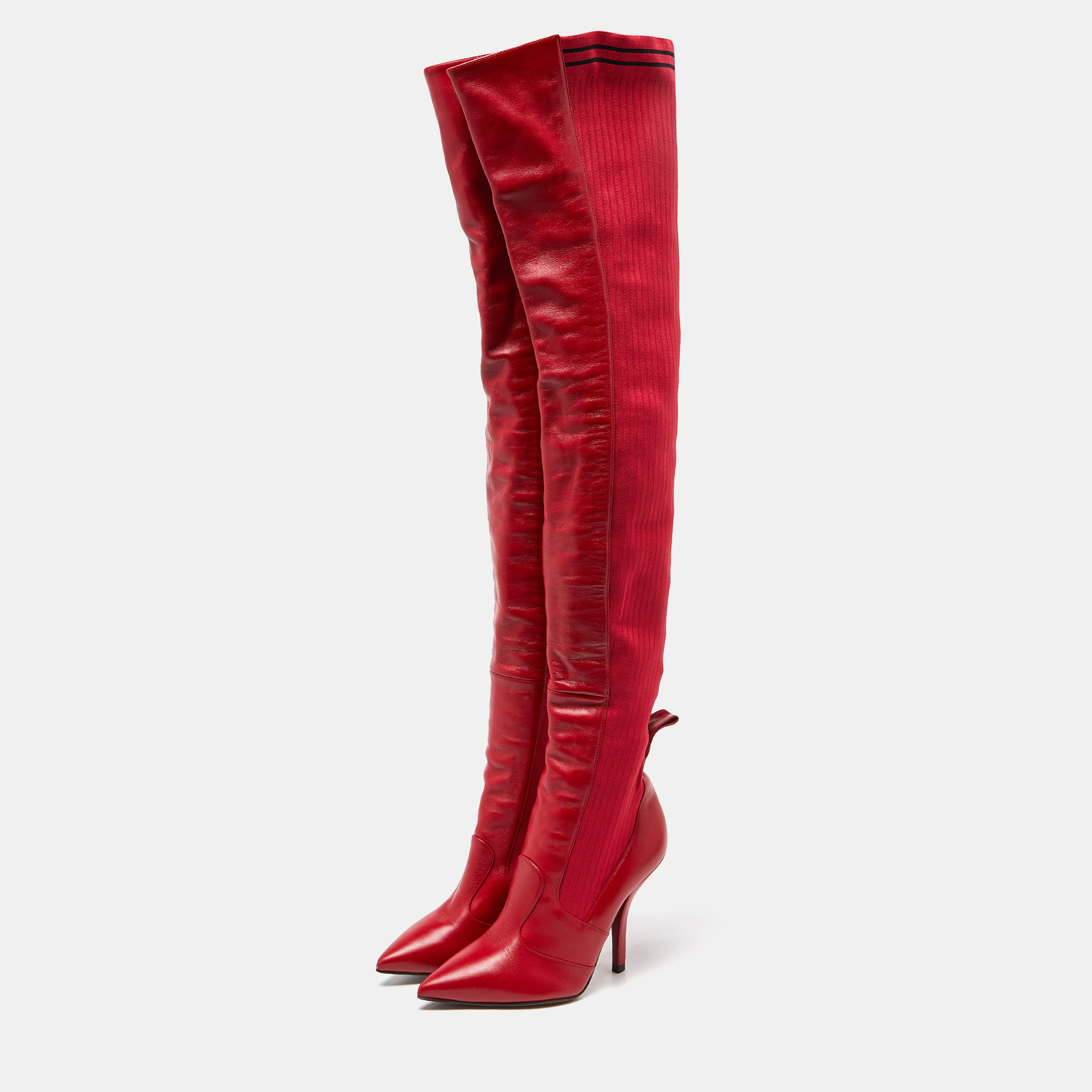 

Fendi Red Leather and Knit Fabric Rockoko Thigh High Boots Size