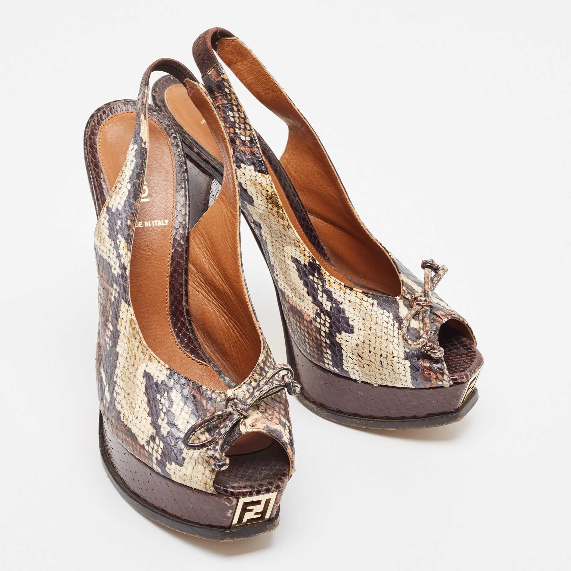 Fendi Tricolor Python Bow Fendista Slingback Pumps Size 39.5 