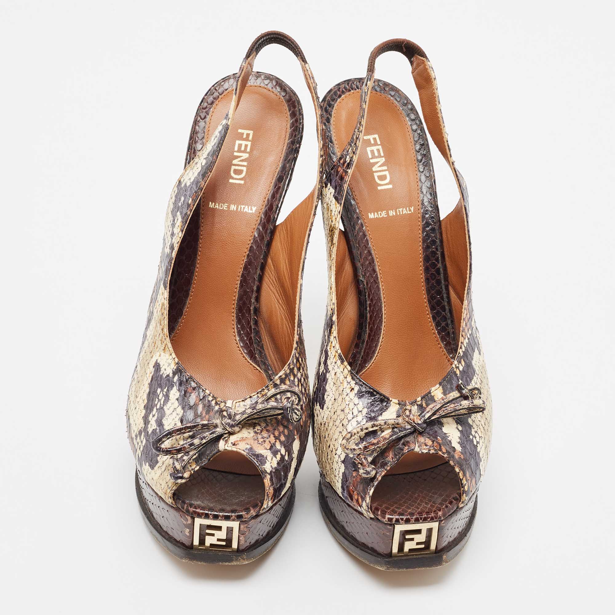 Fendi Tricolor Python Bow Fendista Slingback Pumps Size 39.5 