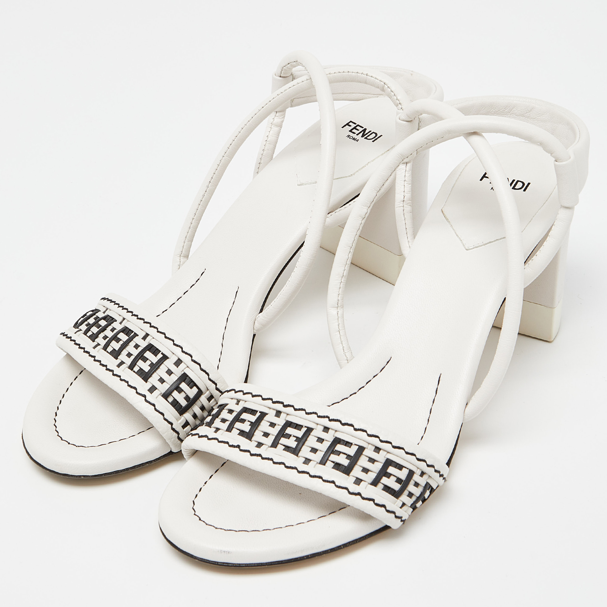 

Fendi White/Black Leather Block Heel Ankle Strap Sandals Size