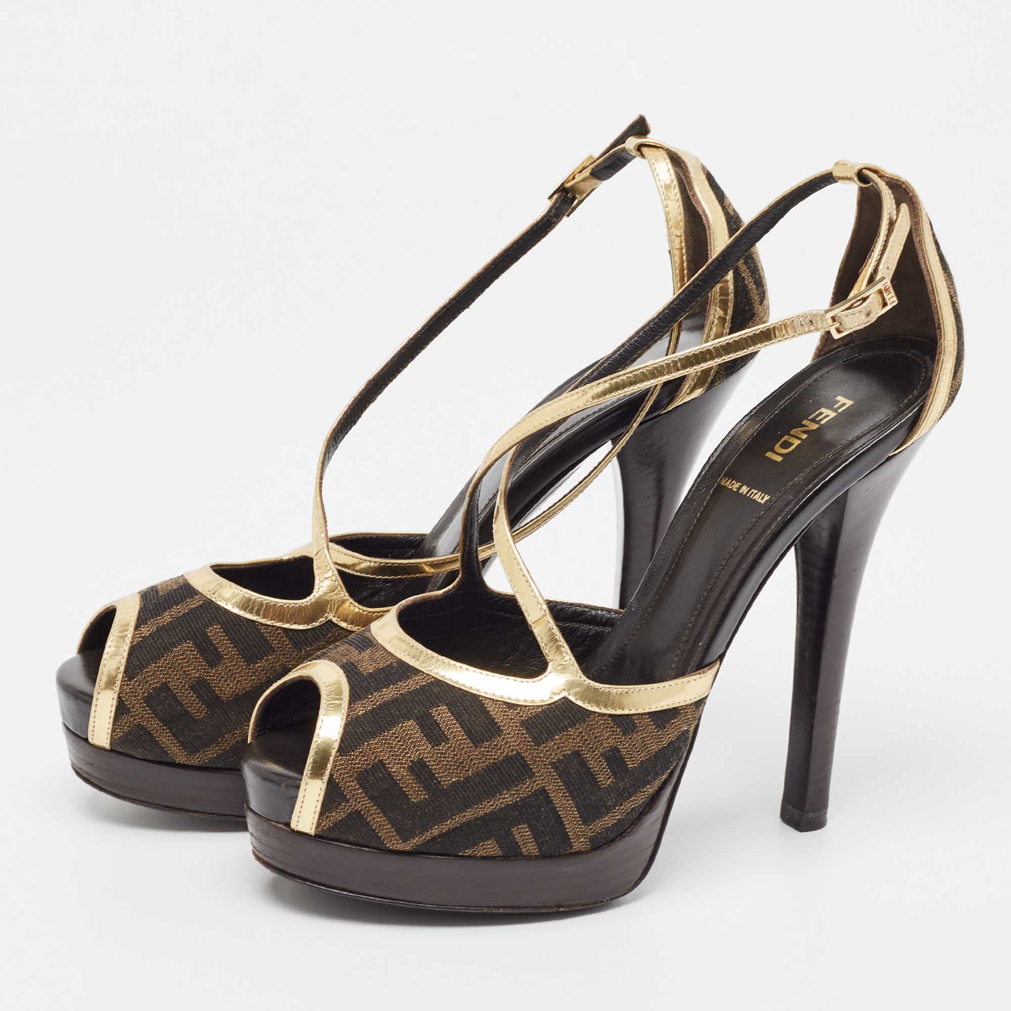 

Fendi Brown Zucca Canvas And Gold Leather Trim Cross Strap Platform Sandals Size