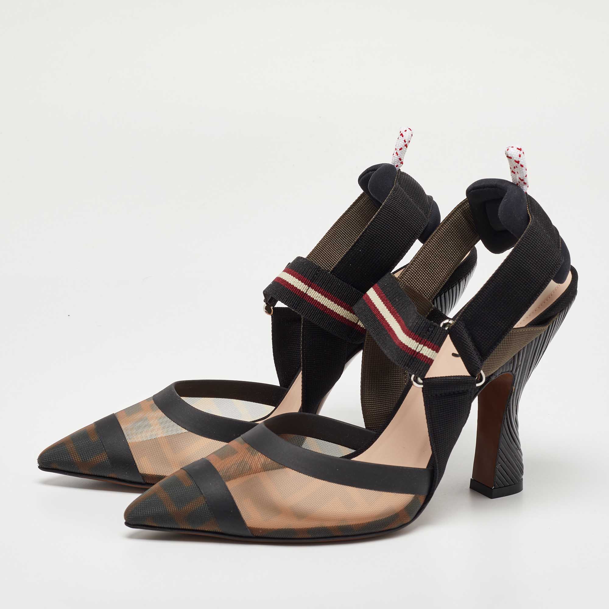 

Fendi Brown Zucca Mesh and Canvas Colibri Slingback Pumps Size