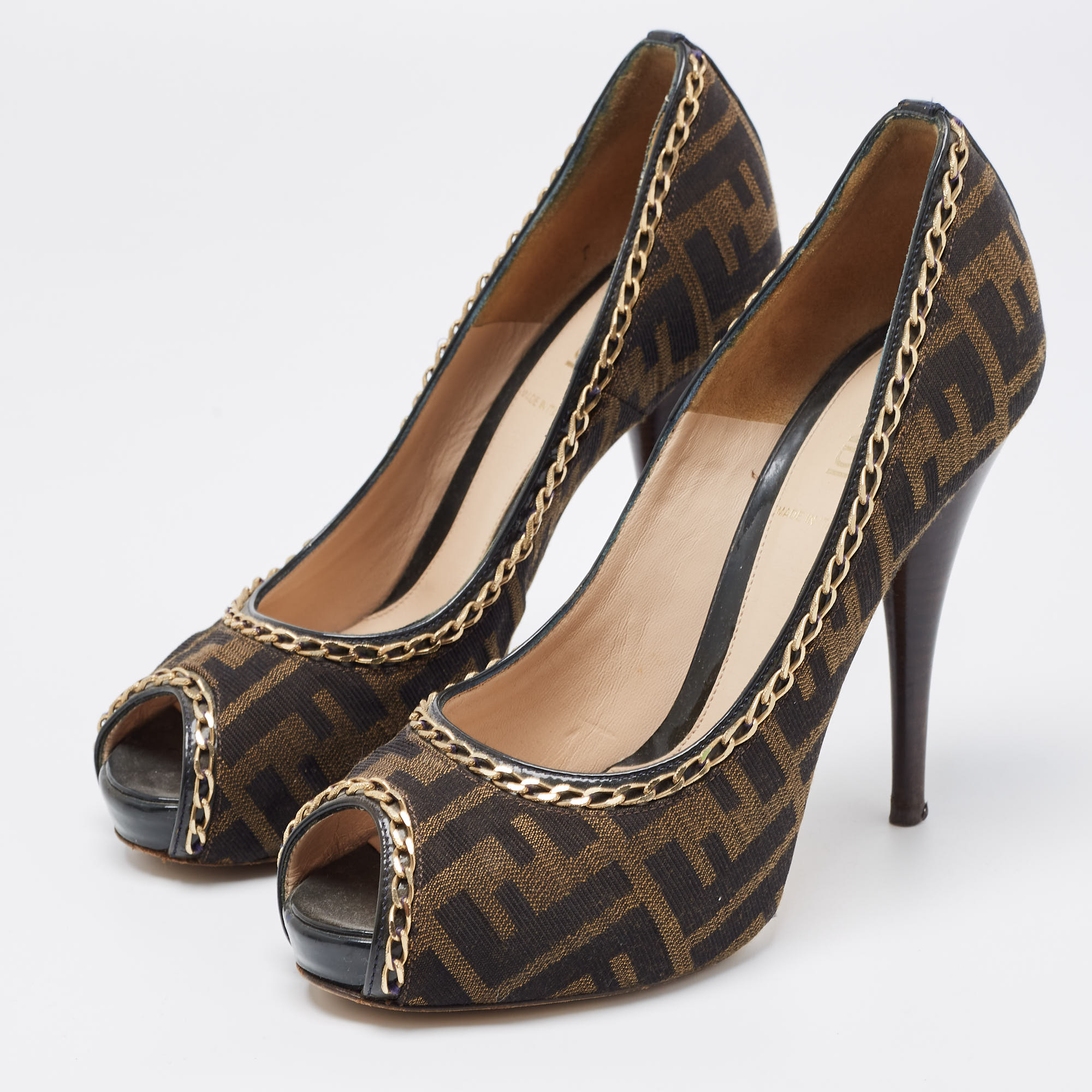 

Fendi Brown Zucca Canvas Chain Embellished Peep Toe Pumps Size