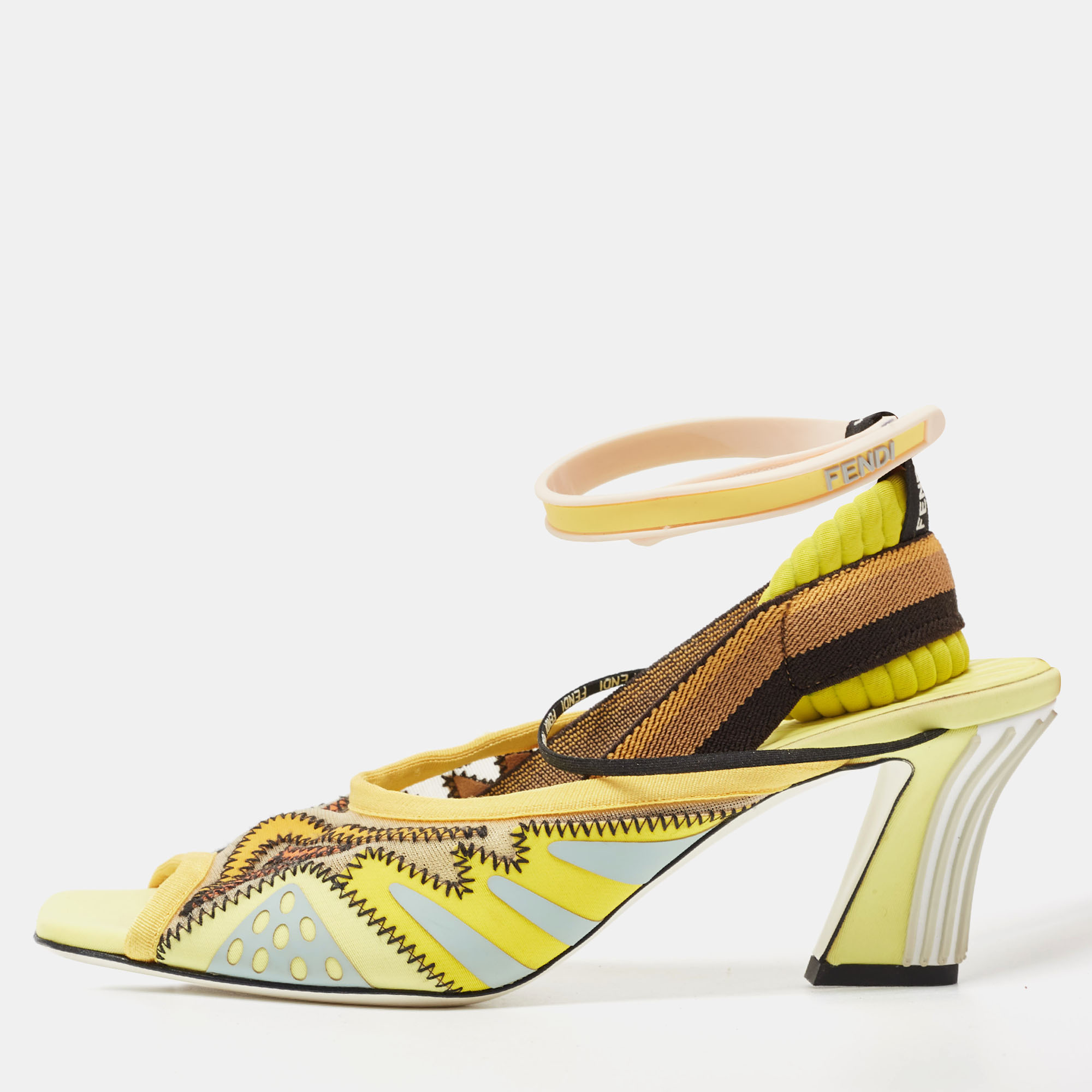 Pre-owned Fendi Yellow Mesh And Rubber Ankle Strap Sandals Size 38.5