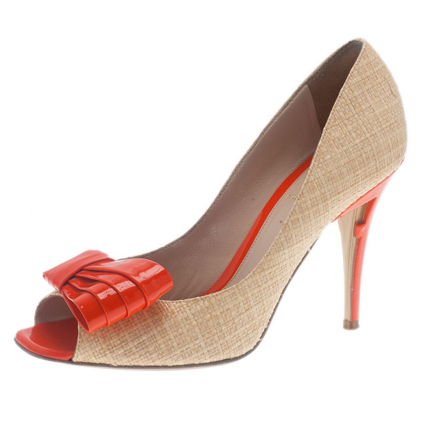Pre Owned Fendi Raffia Bow Detail Peep Toe Pumps Size 38