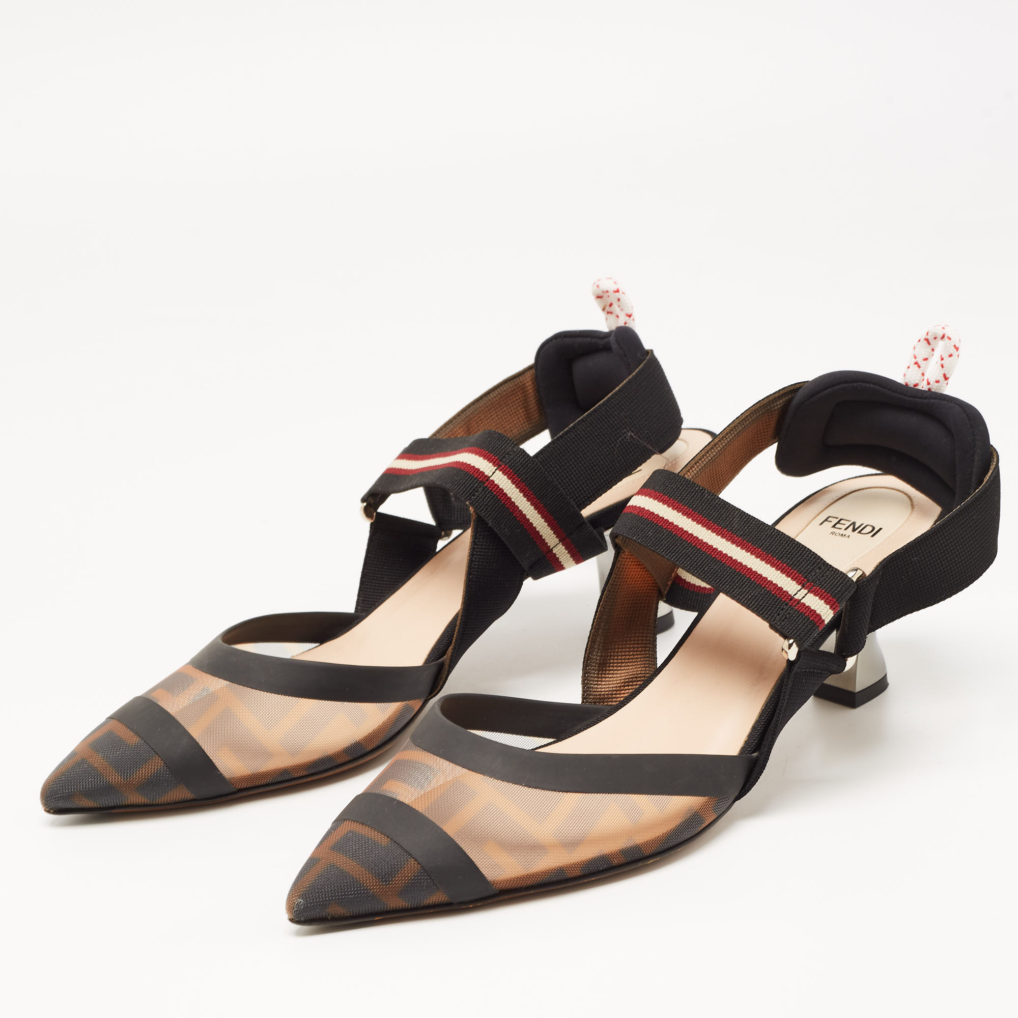 

Fendi Black/Brown Zucca Mesh and Leather Colibri Pumps Size