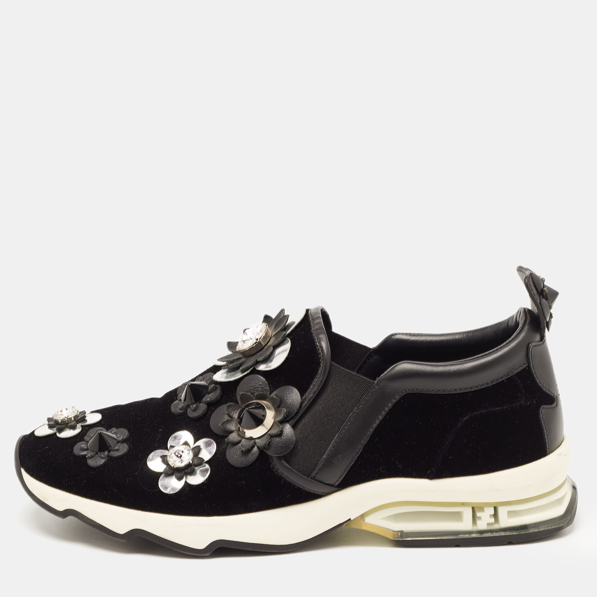 Pre-owned Fendi Black Velvet And Leather Flowerland Slip On Sneakers Size 39