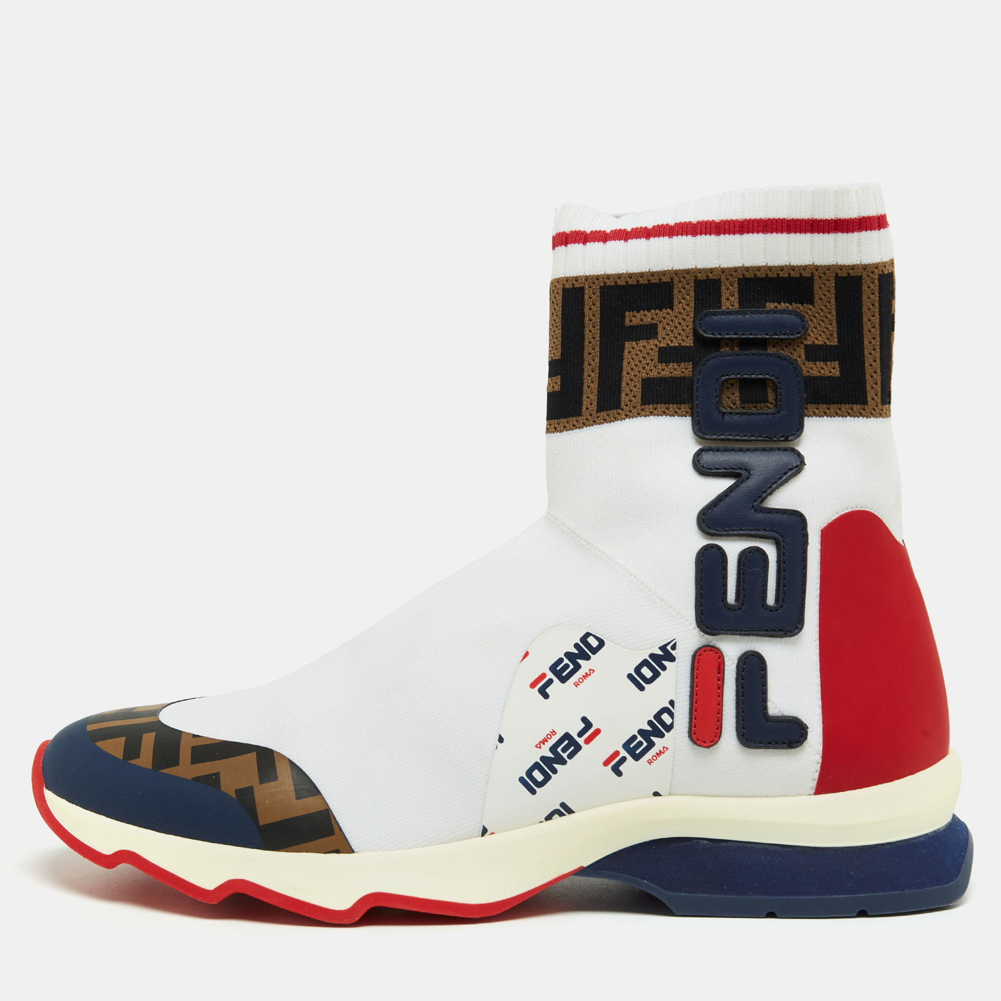 Pre-owned Fendi X Fila Tricolor Knit Fabric And Leather Mania Sock Sneakers Size 38 In White