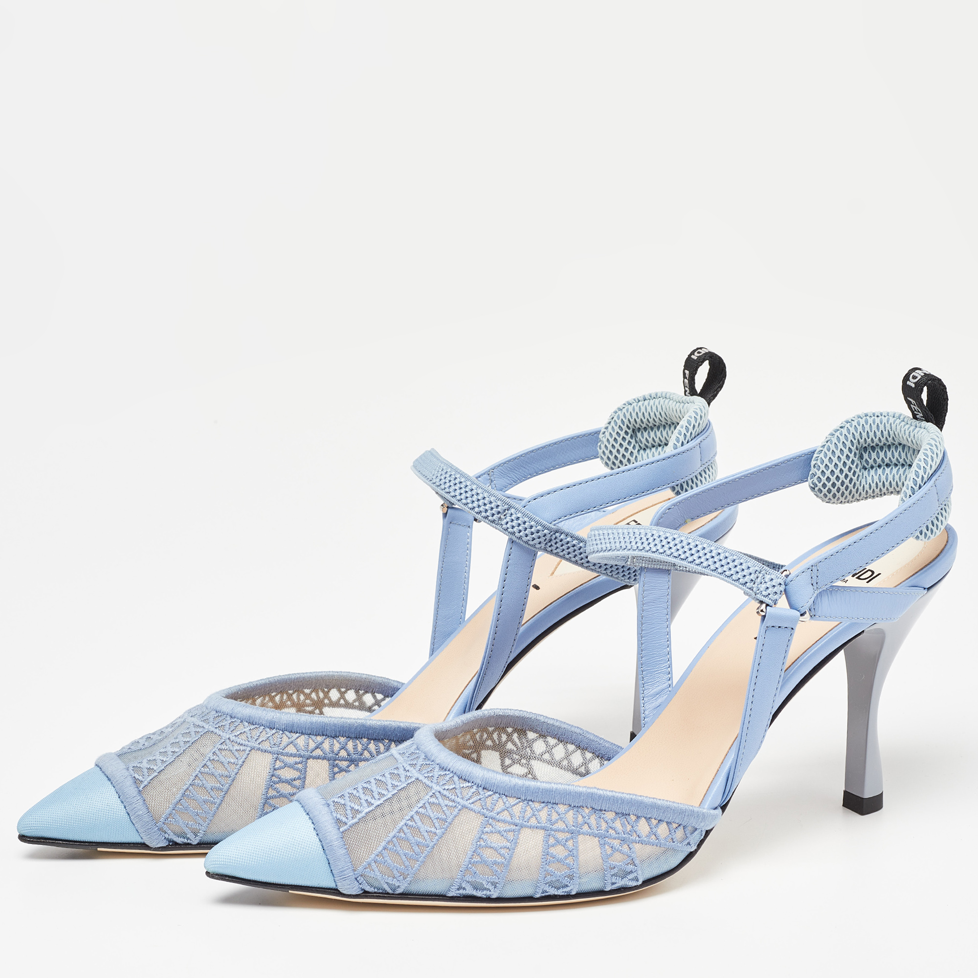 

Fendi Blue Leather and Mesh Colibri Lite Slingback Pumps Size
