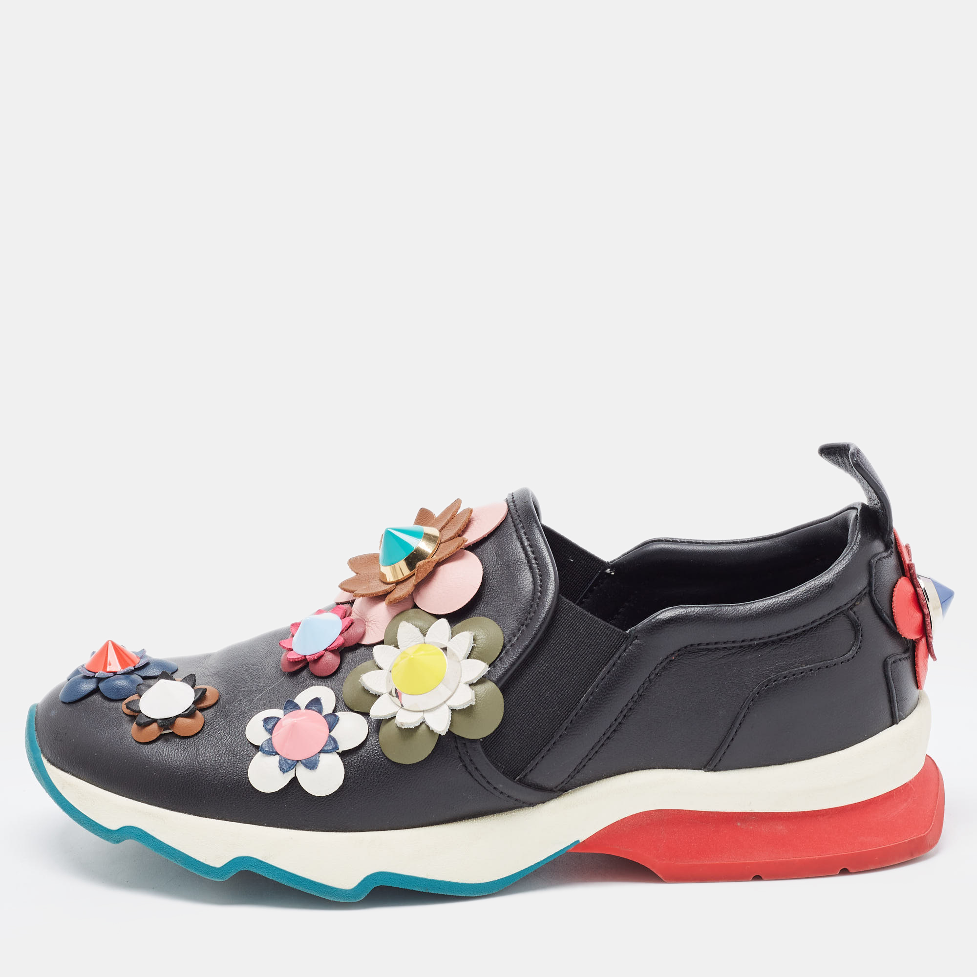 Pre-owned Fendi Black Leather Flowerland Embellished Slip On Sneakers Size 35