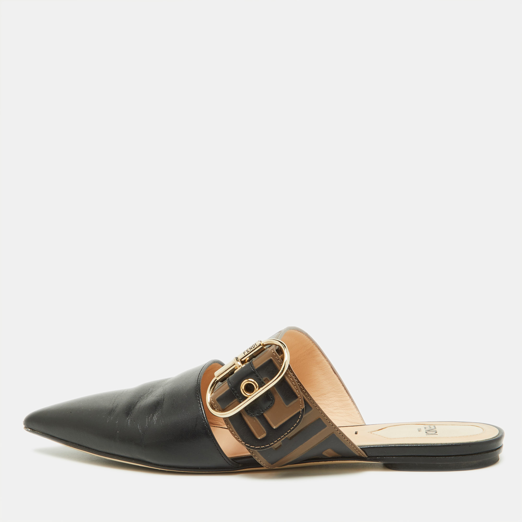 Pre-owned Fendi Black/tobacco Zucca Leather Flat Mule Sandals Size 37
