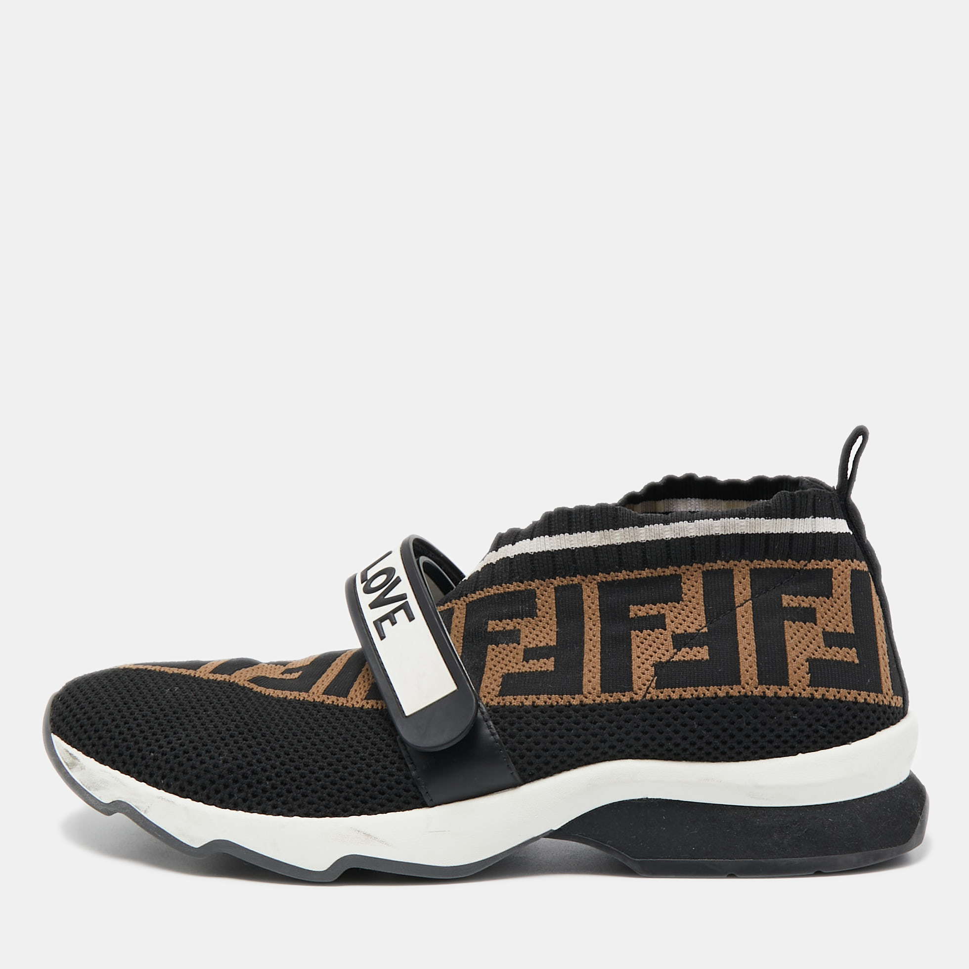 Pre Owned Fendi Black/Brown Zucca Knit Fabric Slip On Sneakers Size 38