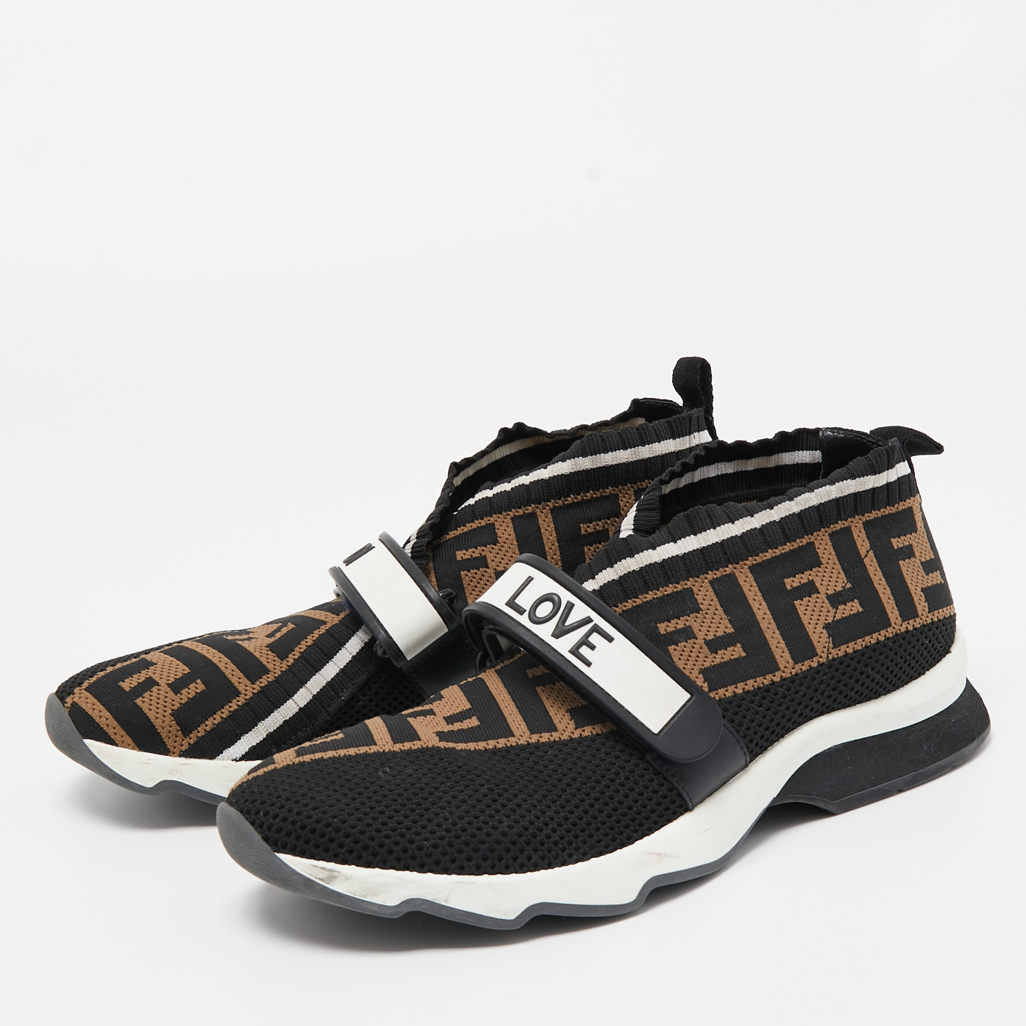 

Fendi Black/Brown Zucca Knit Fabric Slip On Sneakers Size