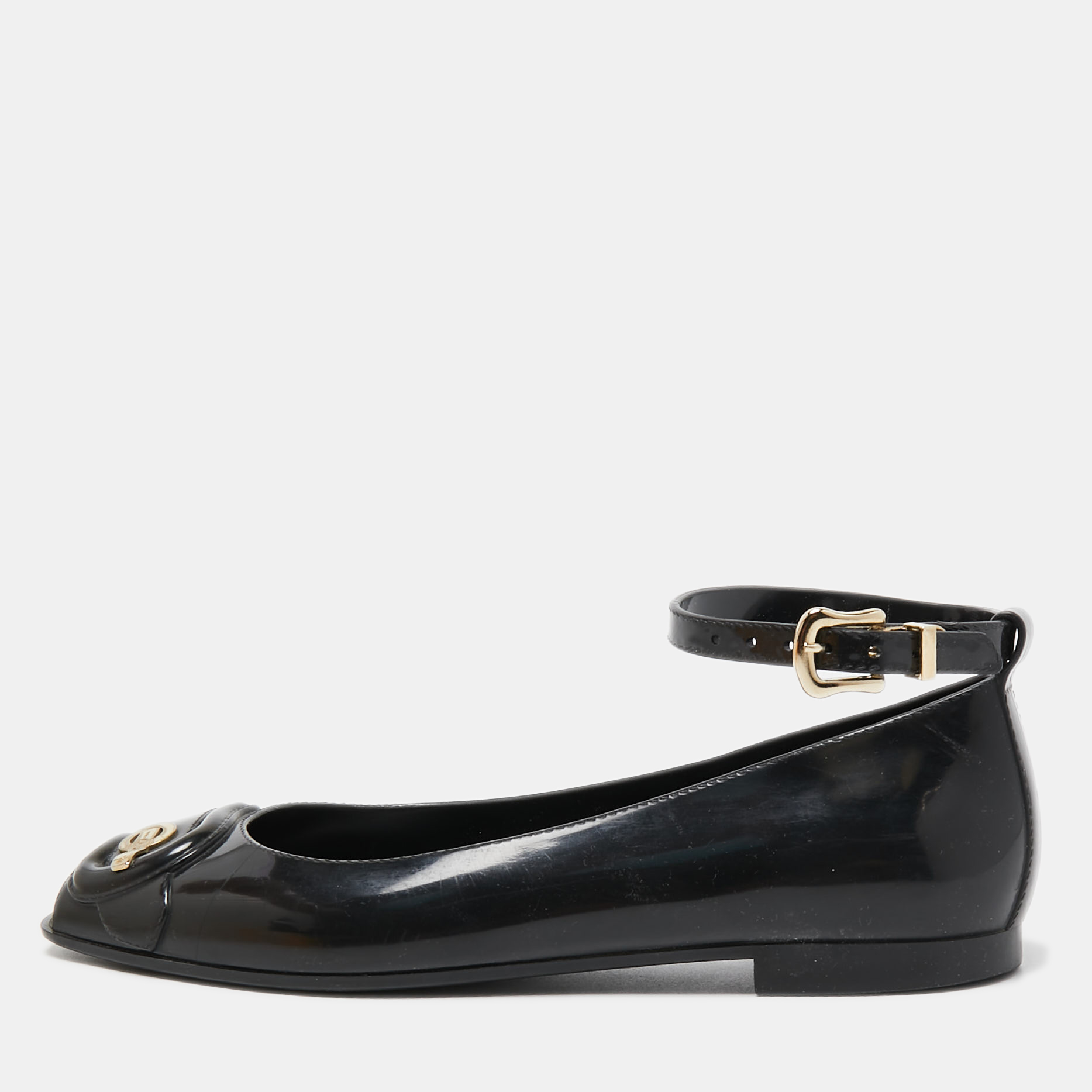 Pre-owned Fendi Black Jelly Buckle Ankle Strap Flats Size 36