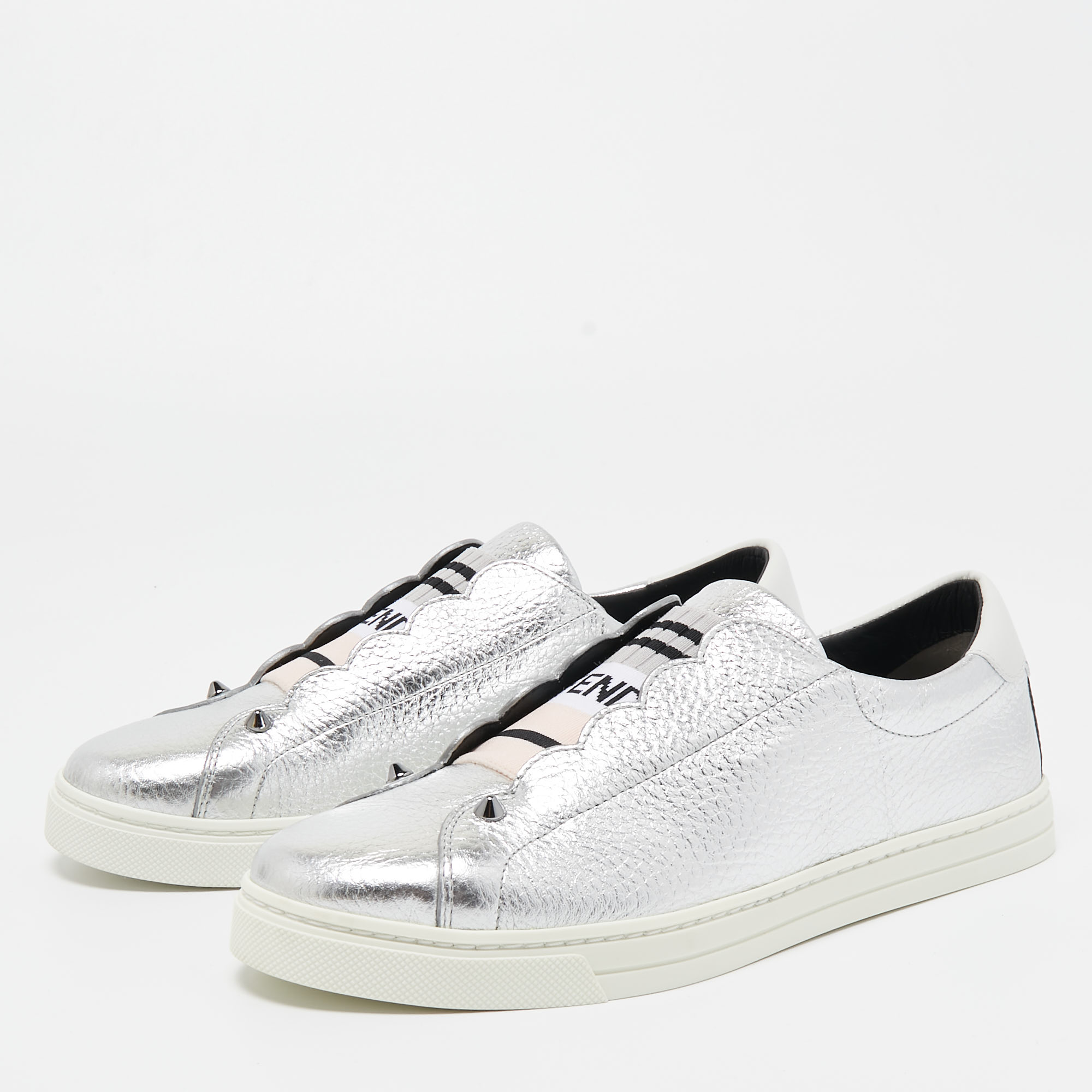 

Fendi Silver Leather Rockoko Scallop Slip On Sneakers Size