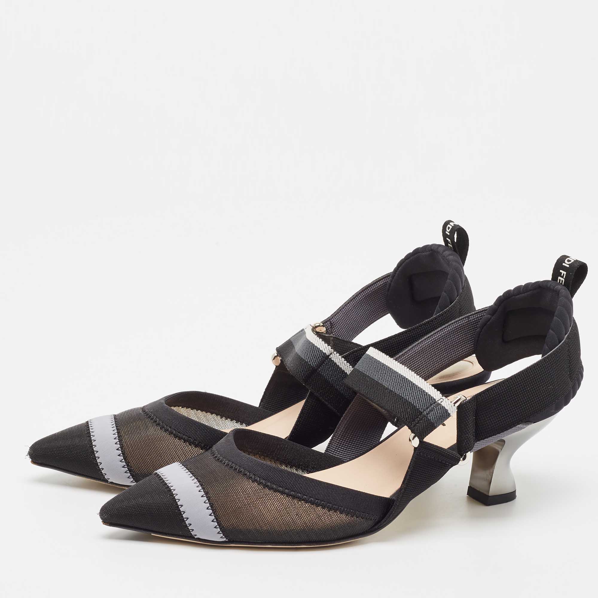 

Fendi Black/White Mesh and Canvas Colibri Slingback Pumps Size
