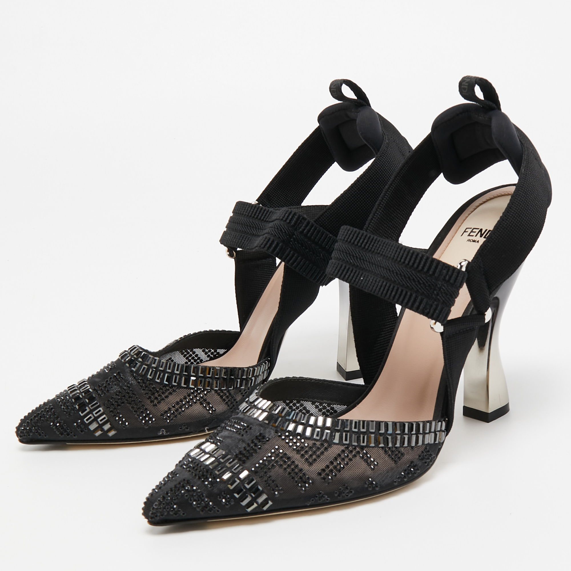 

Fendi Black Embellished Mesh And Nylon Colibri Slingback Sandals Size