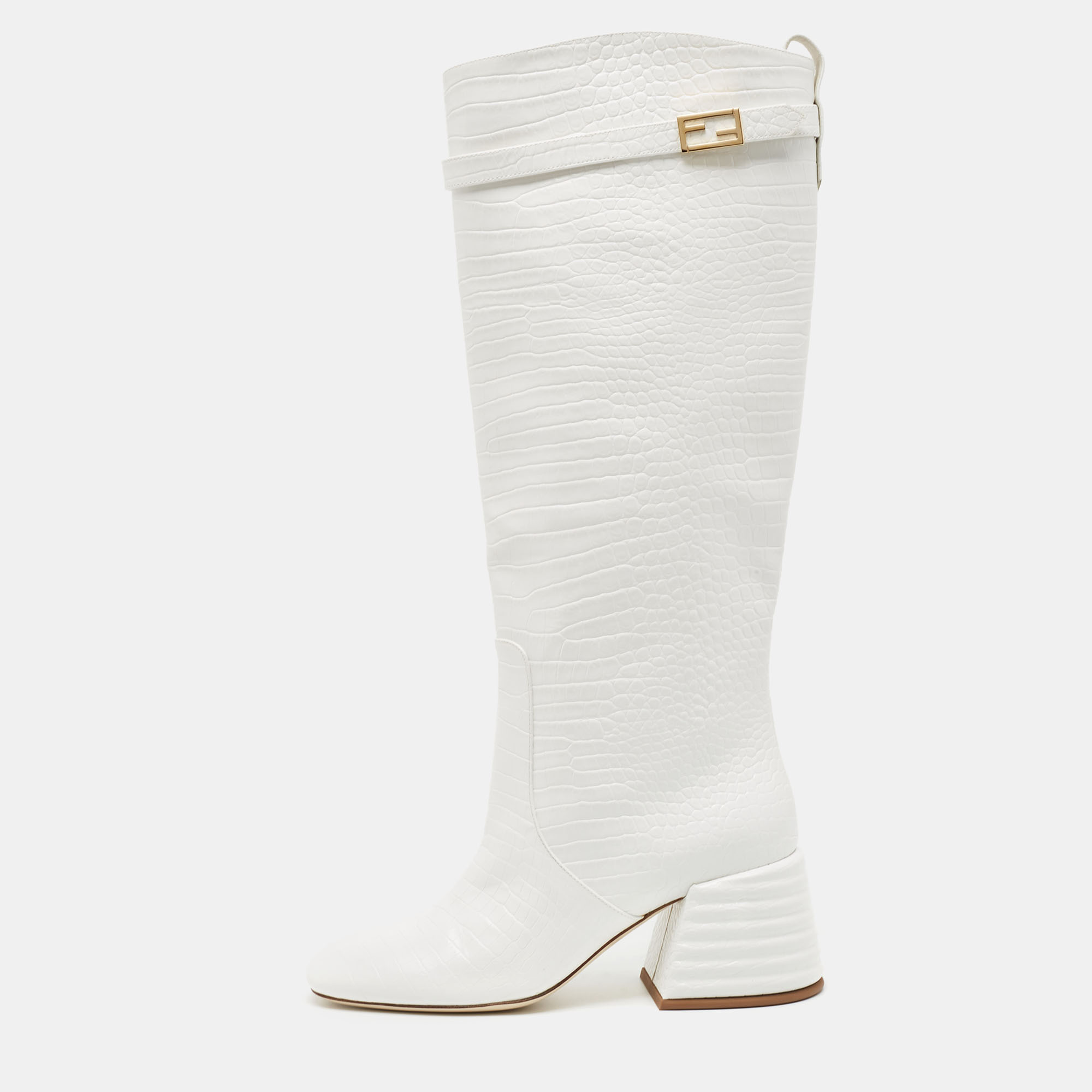 Pre-owned Fendi White Croc Embossed Leather Promenade Knee Length Boots Size 38