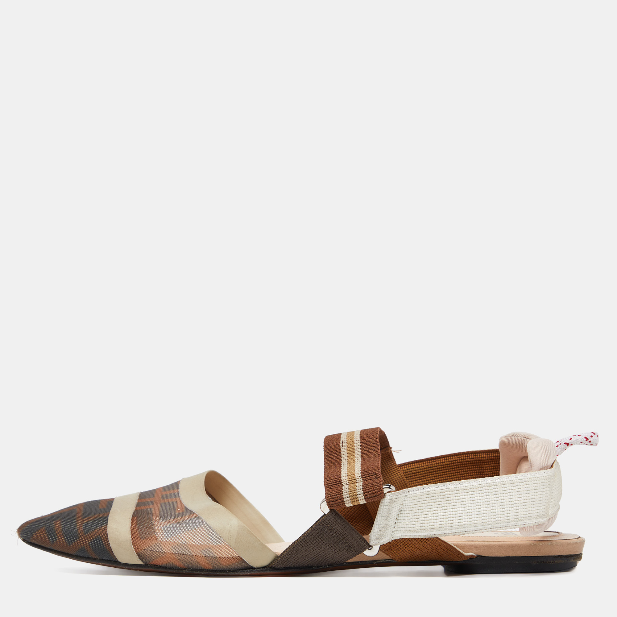 Pre Owned Fendi Multicolor Zucca Mesh and Canvas Colibri Slingback Flats Size 39.5