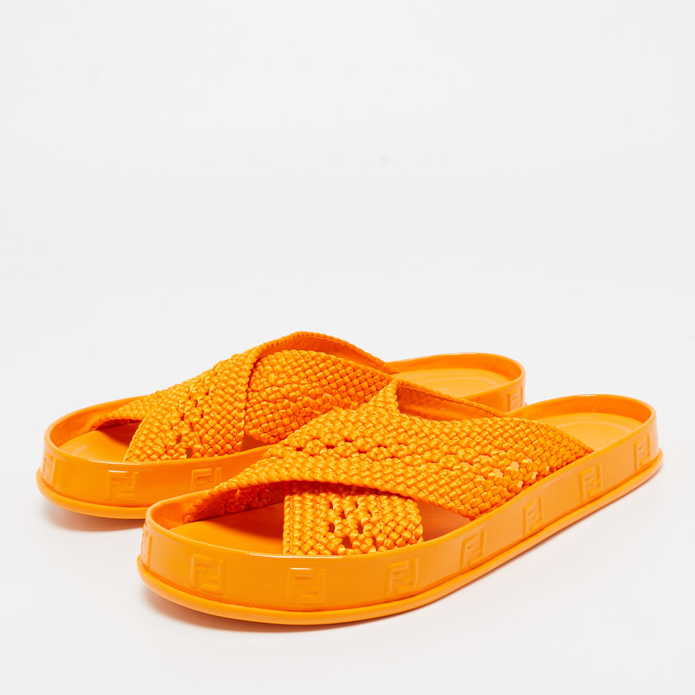 

Fendi Orange Woven Fabric FF Reflection Slides Size