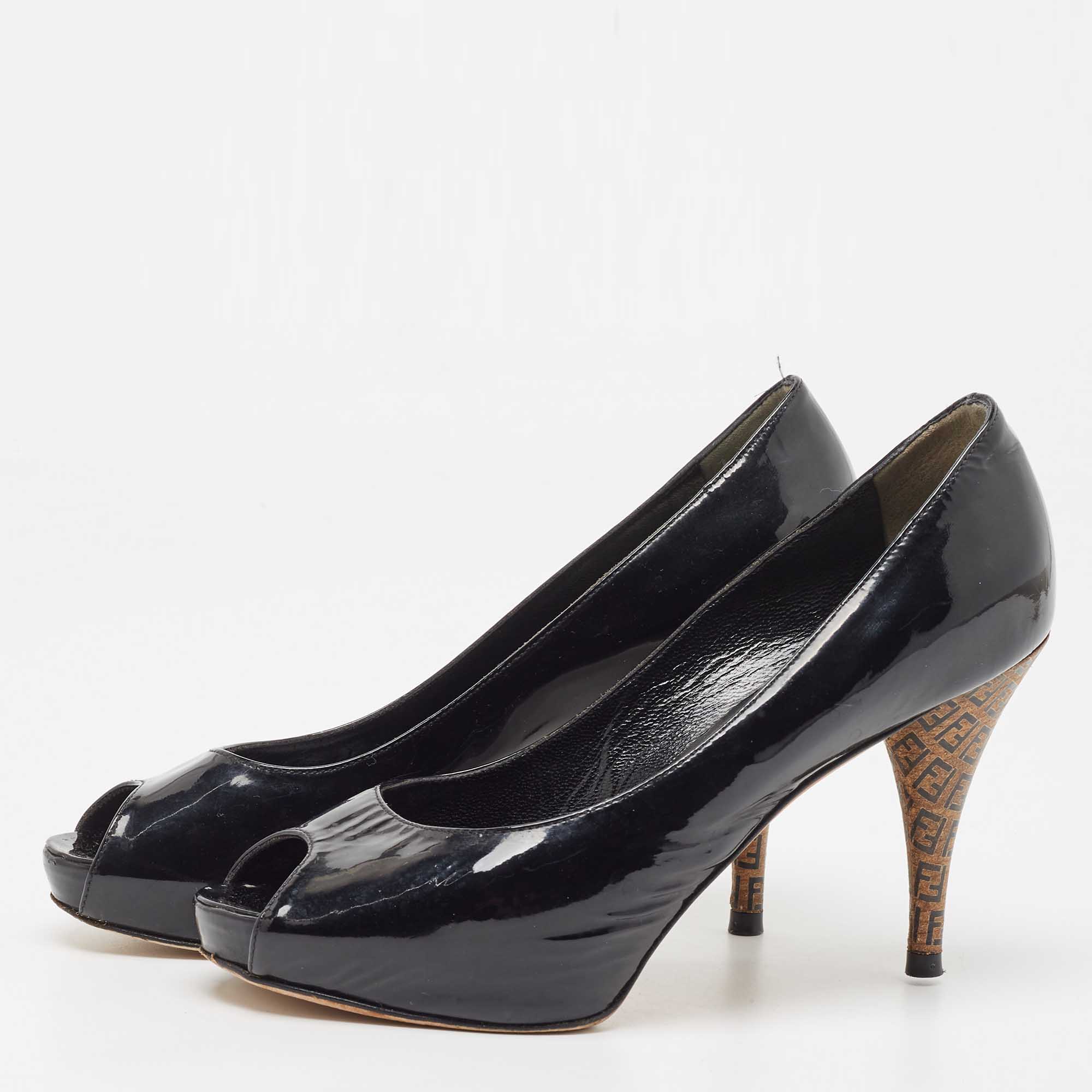 

Fendi Black Patent Leather Zucca Print Heel Peep-Toe Pumps Size