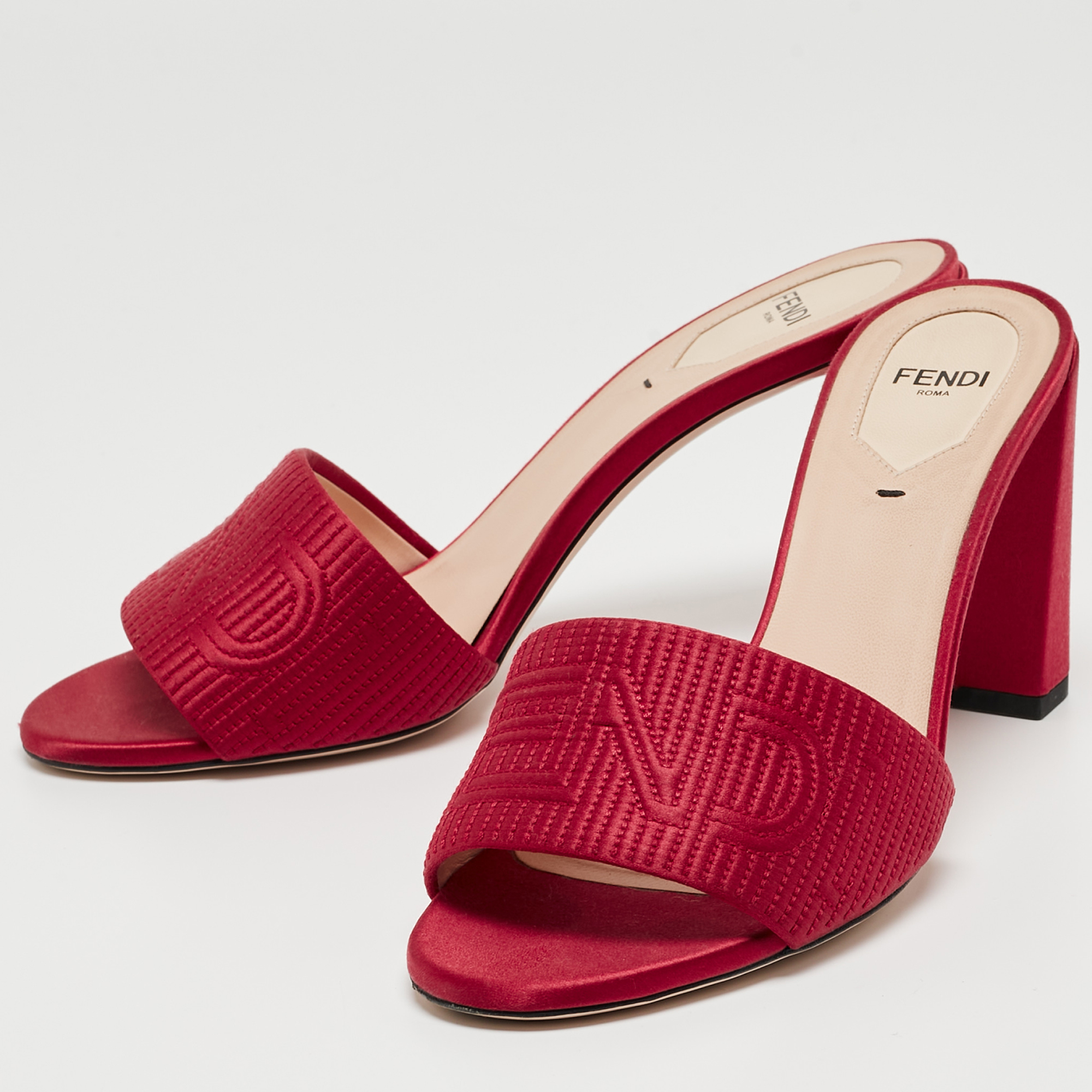 

Fendi Burgundy Satin Logo Embroidered Block Heel Slide Mules Size