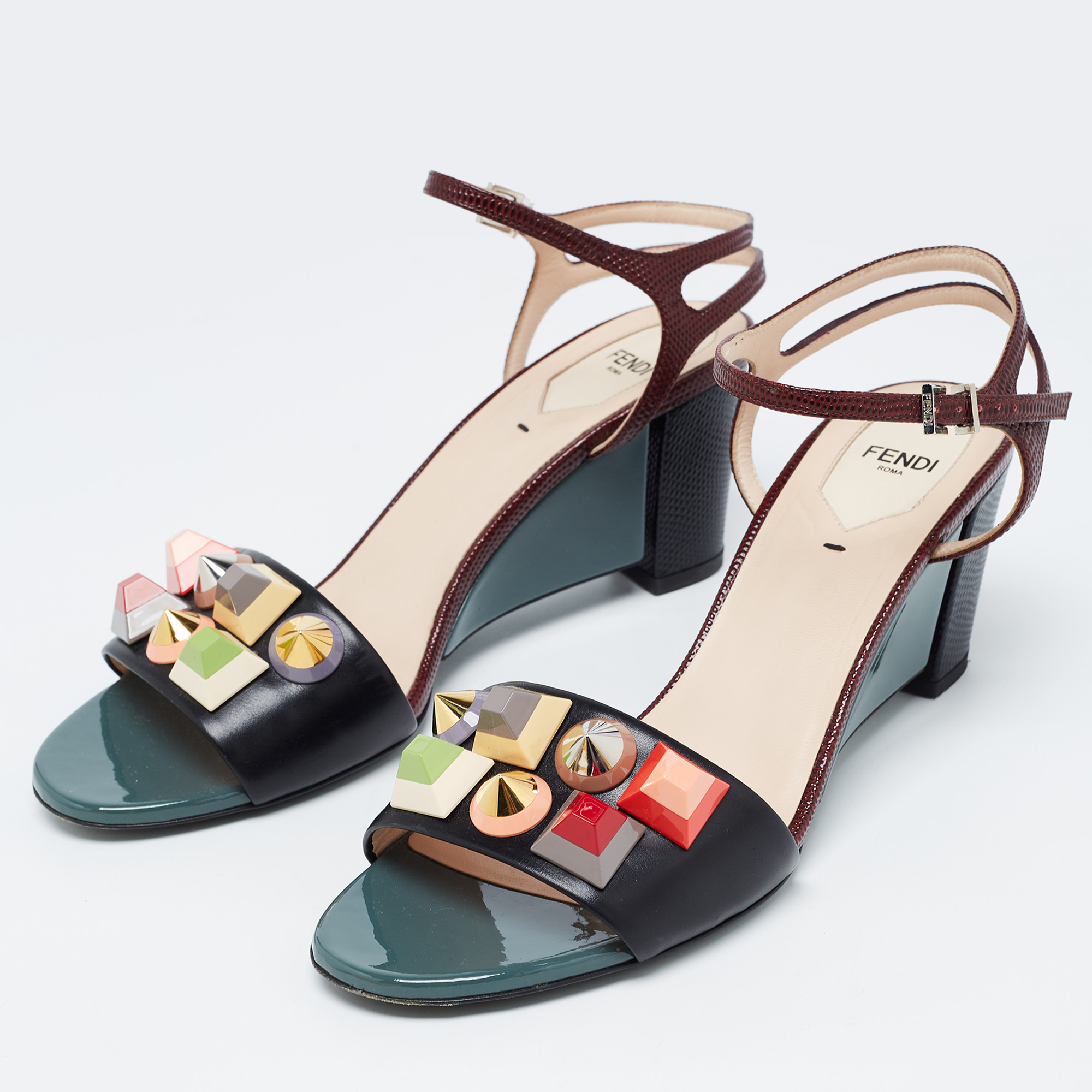 

Fendi Multicolor Lizard Embossed and Leather Fantasia Studded Ankle Strap Sandals Size