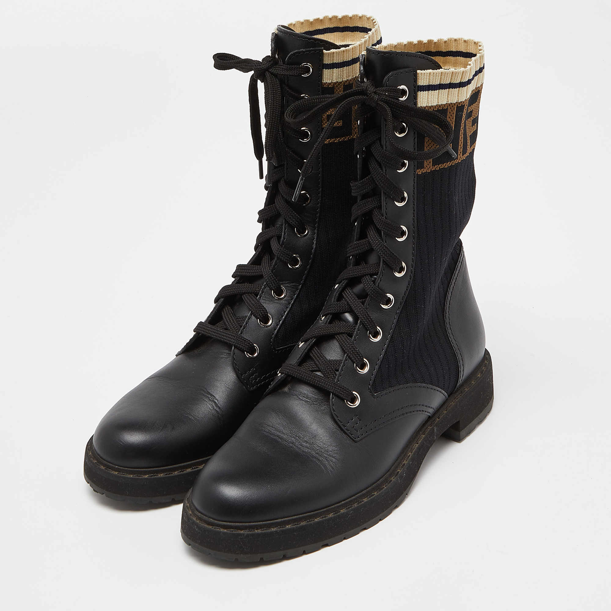 

Fendi Black Leather and Zucca Stretch Fabric Rockoko Combat Boots Size