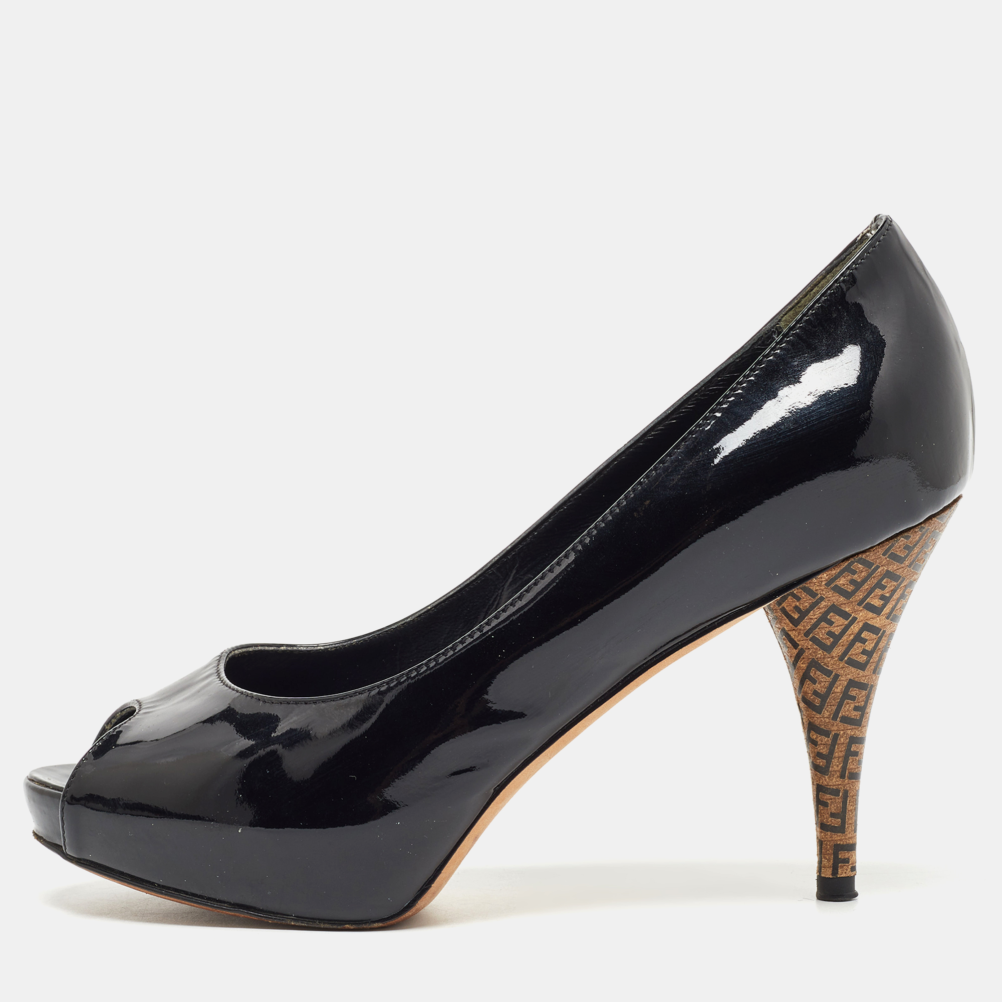 

Fendi Black Patent Leather FF Heels Peep Toe Platform Pumps Size 35.5