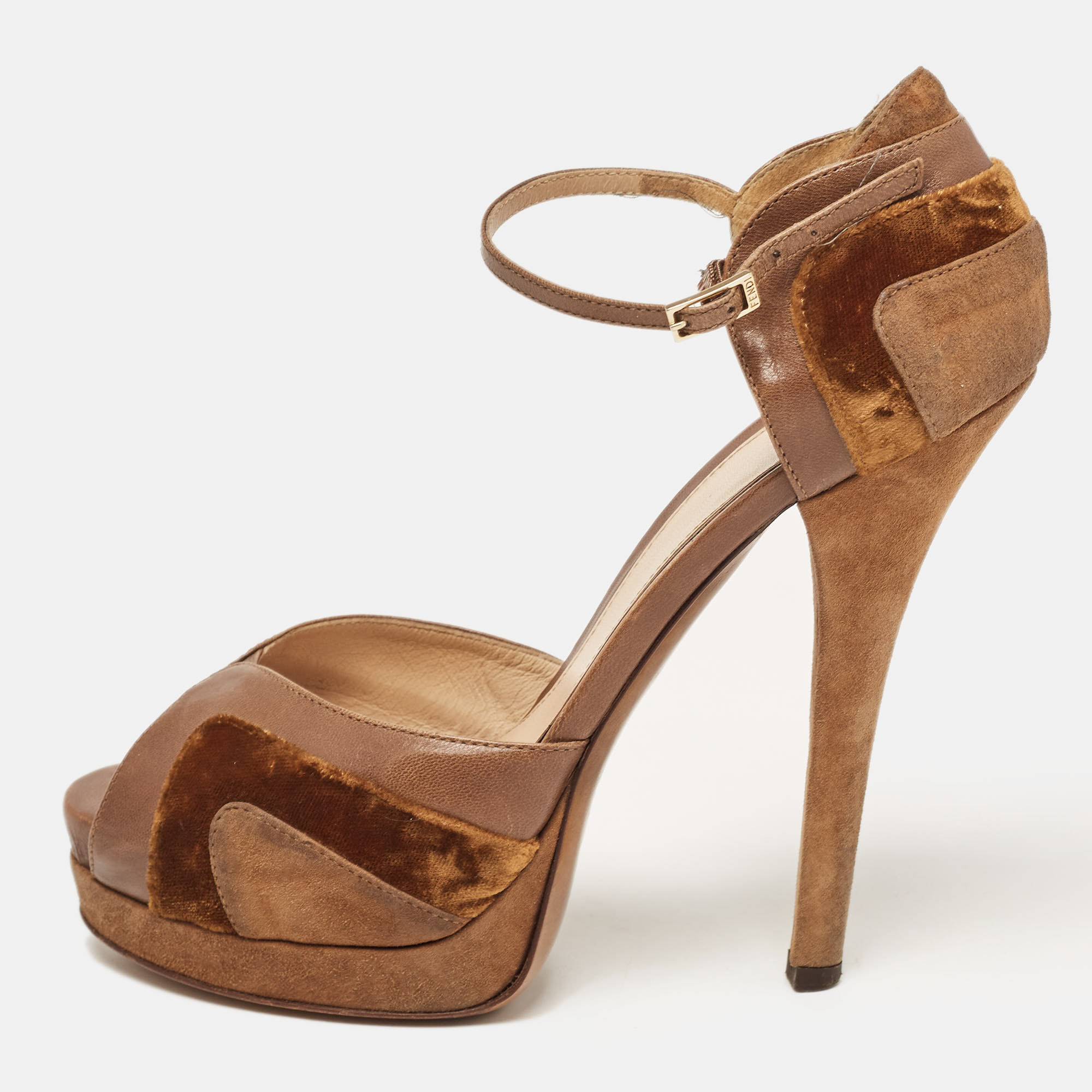 Pre-owned Fendi Beige/brown Leather Velvet Ankle Strap Pumps Size 40