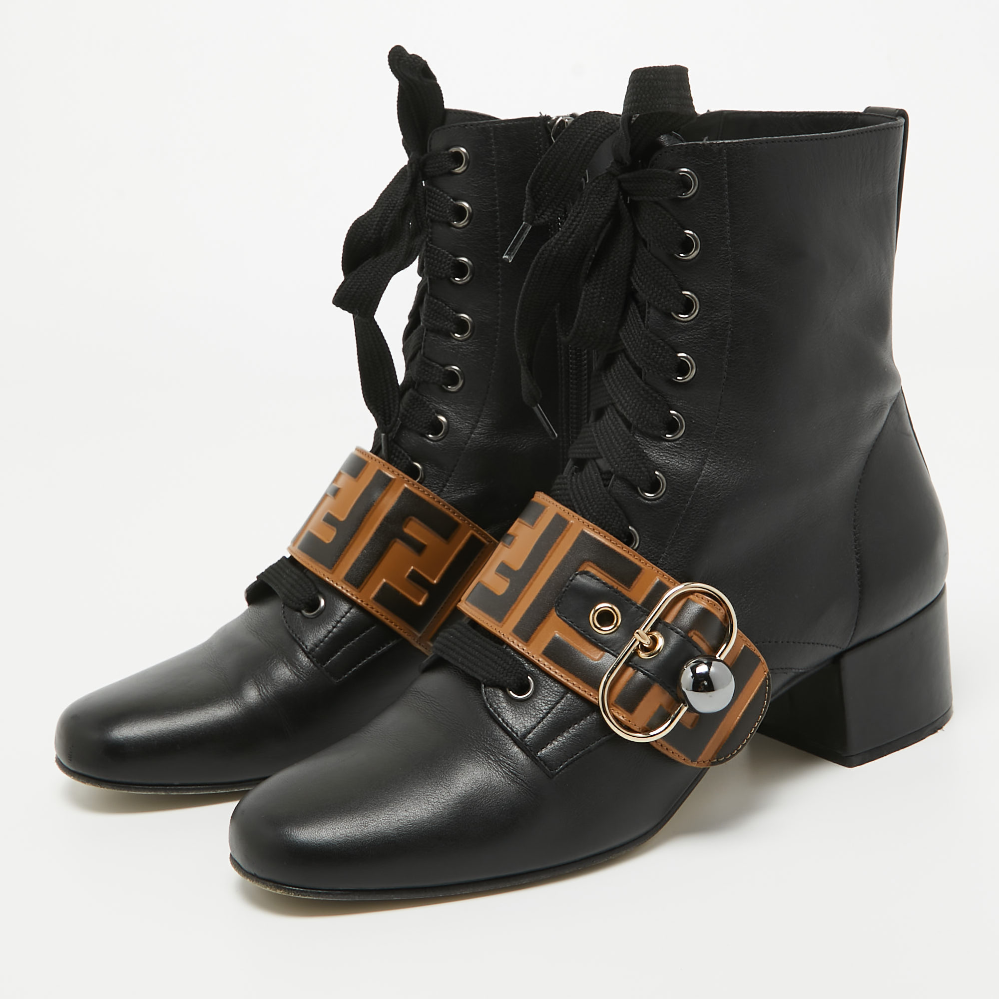 

Fendi Black/Beige Leather FF Logo Ankle Boots Size
