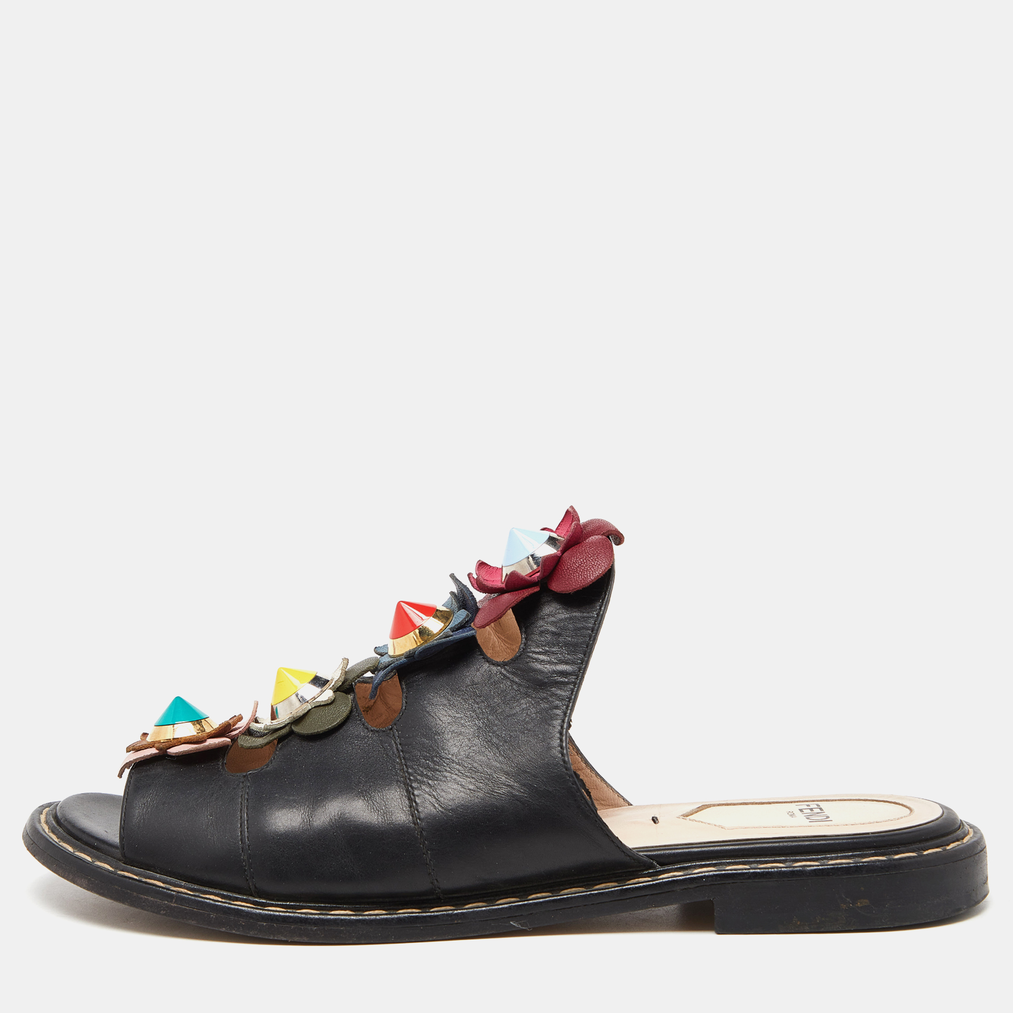 Pre-owned Fendi Black Leather Flowerland Slide Sandals Size 36