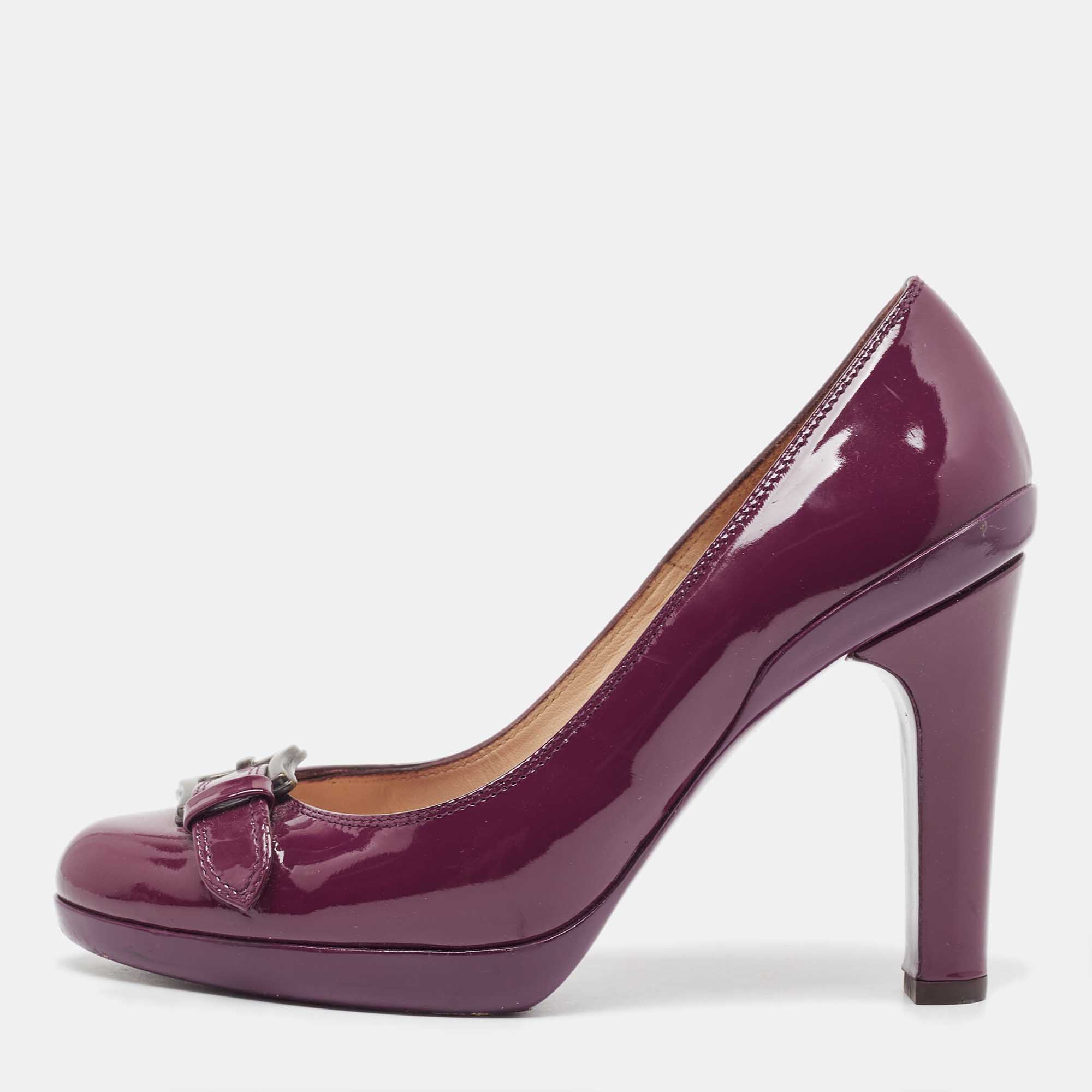 Pre-owned Fendi Burgundy Patent Leather Buckle Detail Round Toe Pumps Size 36.5