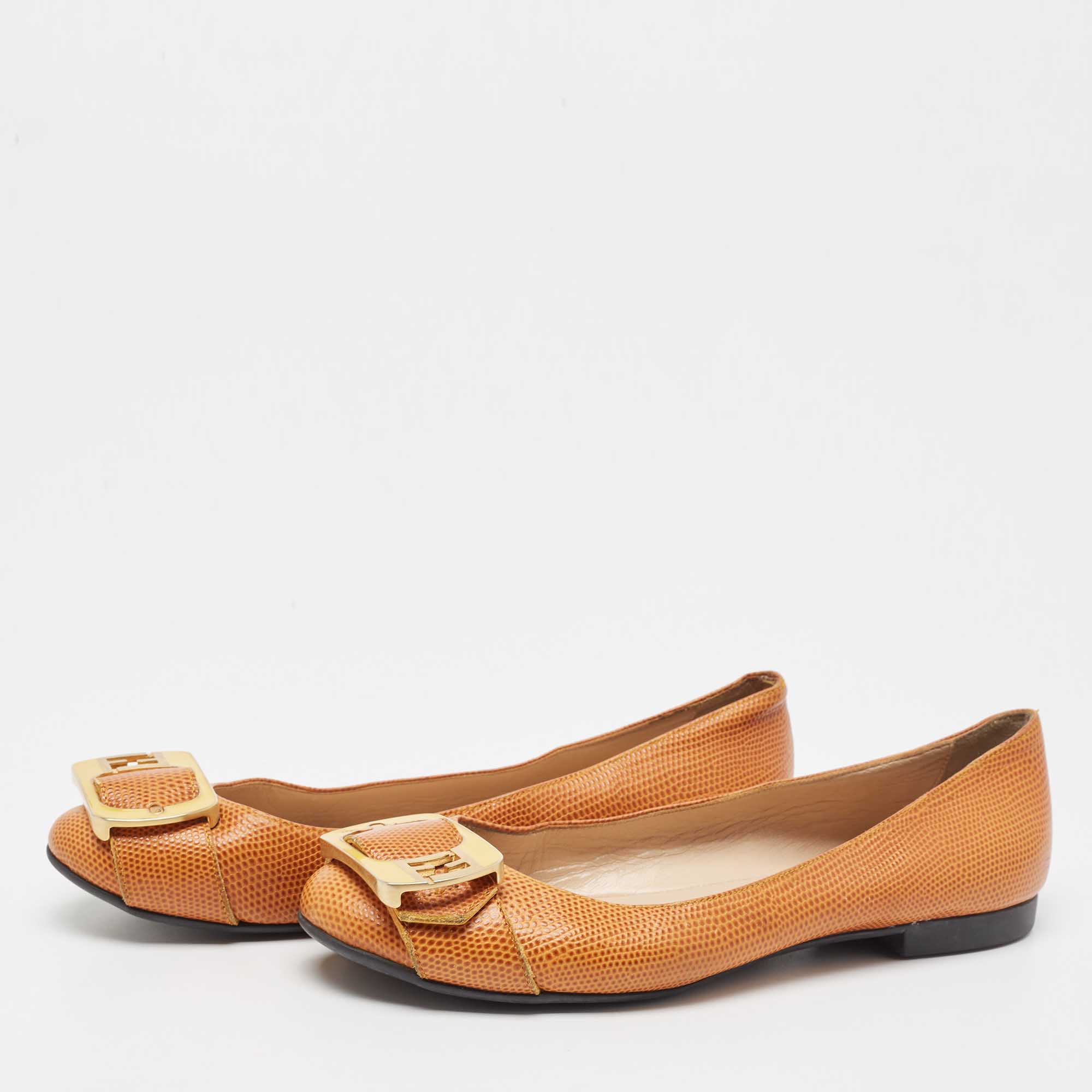 

Fendi Brown Lizard Embossed Leather Buckle Detail Ballet Flats Size