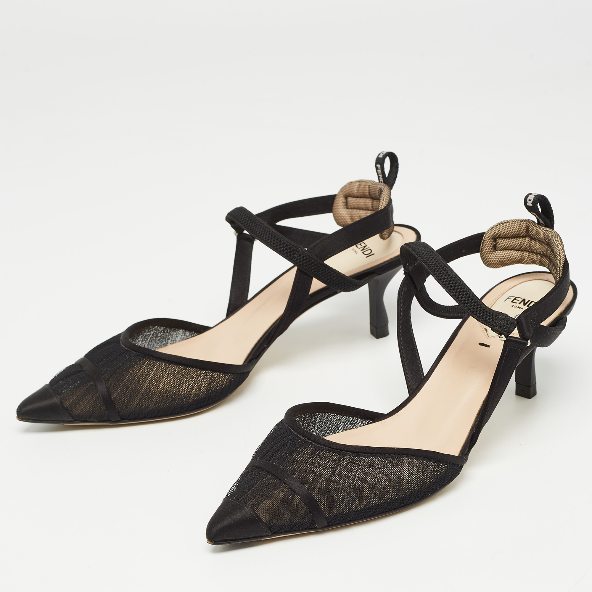 

Fendi Black Satin and Mesh Colibri Pumps Size