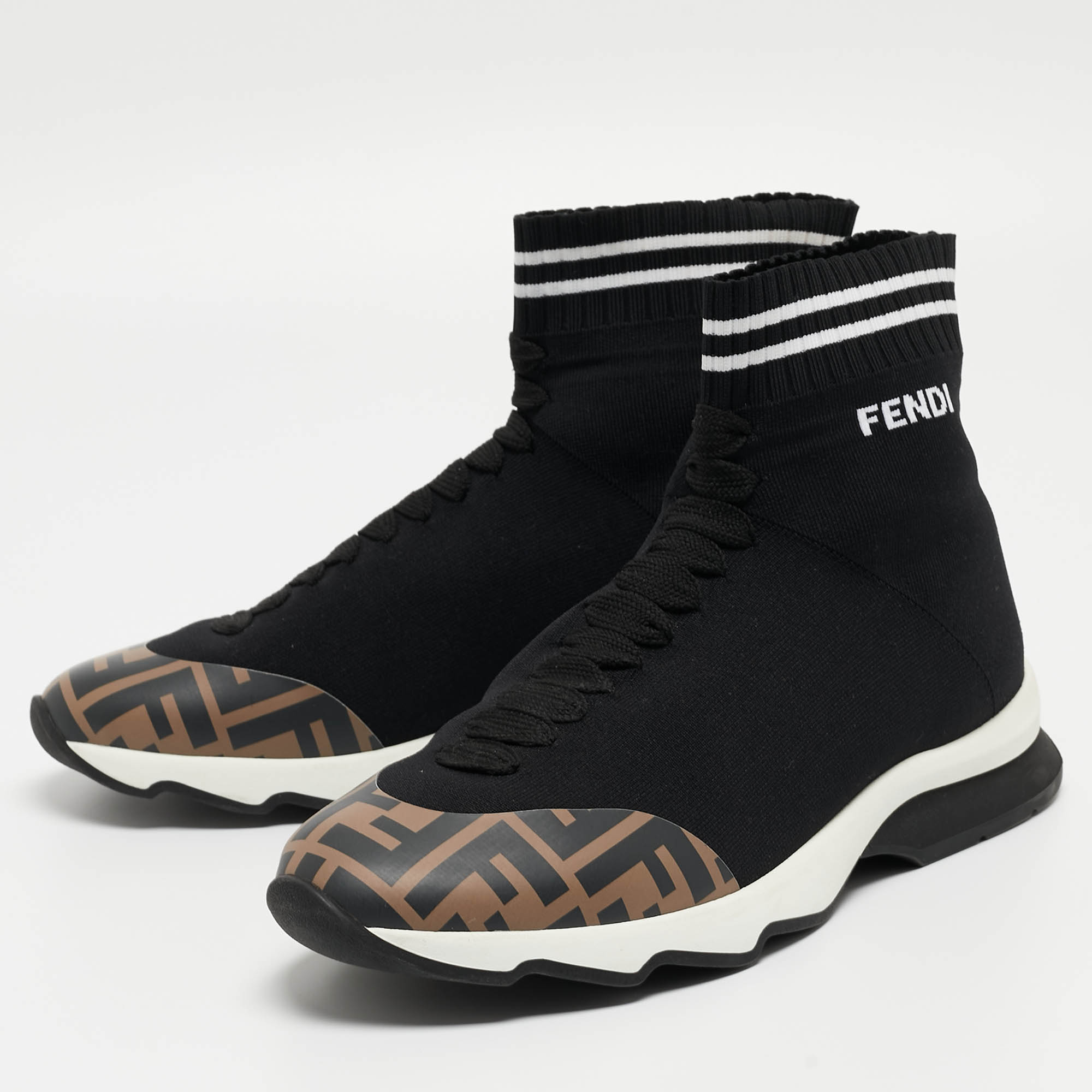 

Fendi Black/Brown Knit Fabric and Canvas Sock High Top Sneakers Size