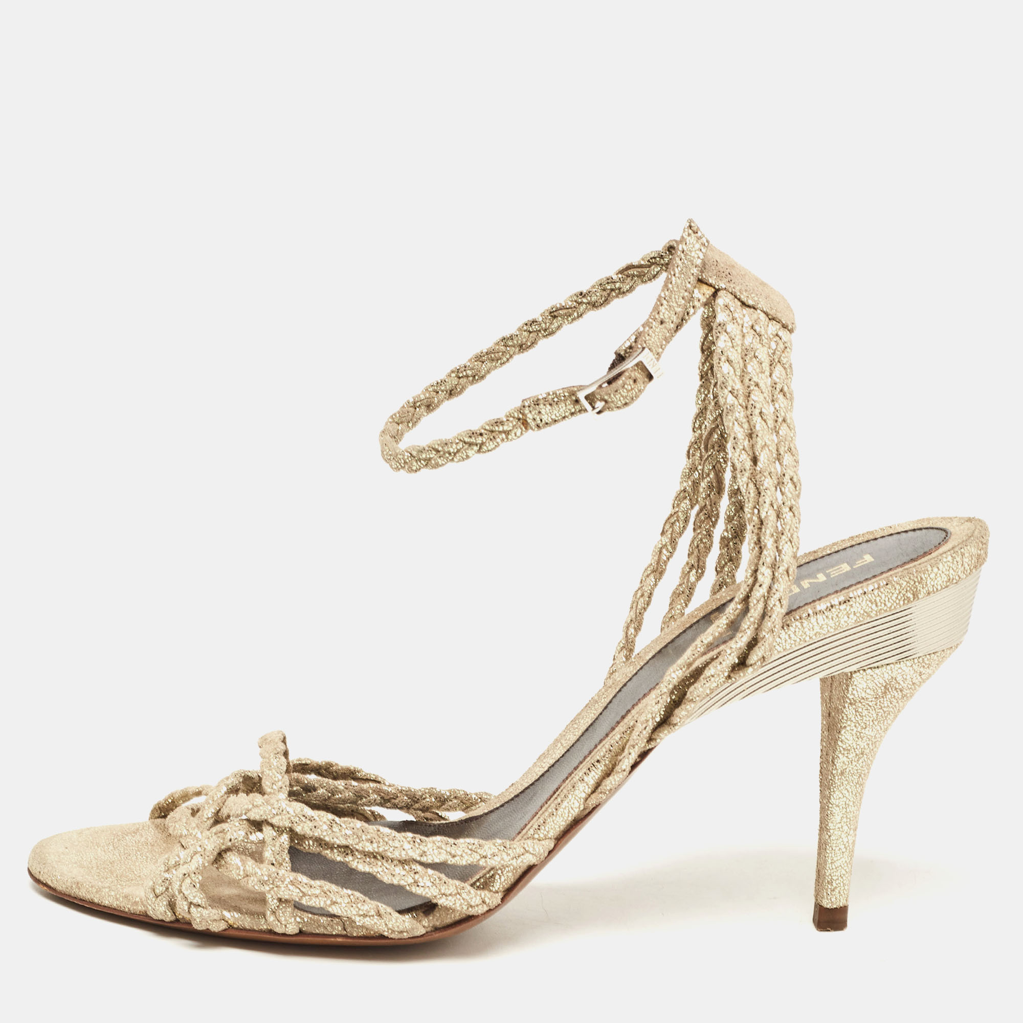 

Fendi Metallic Braided Textured Suede Ankle Strap Sandals Size, Gold