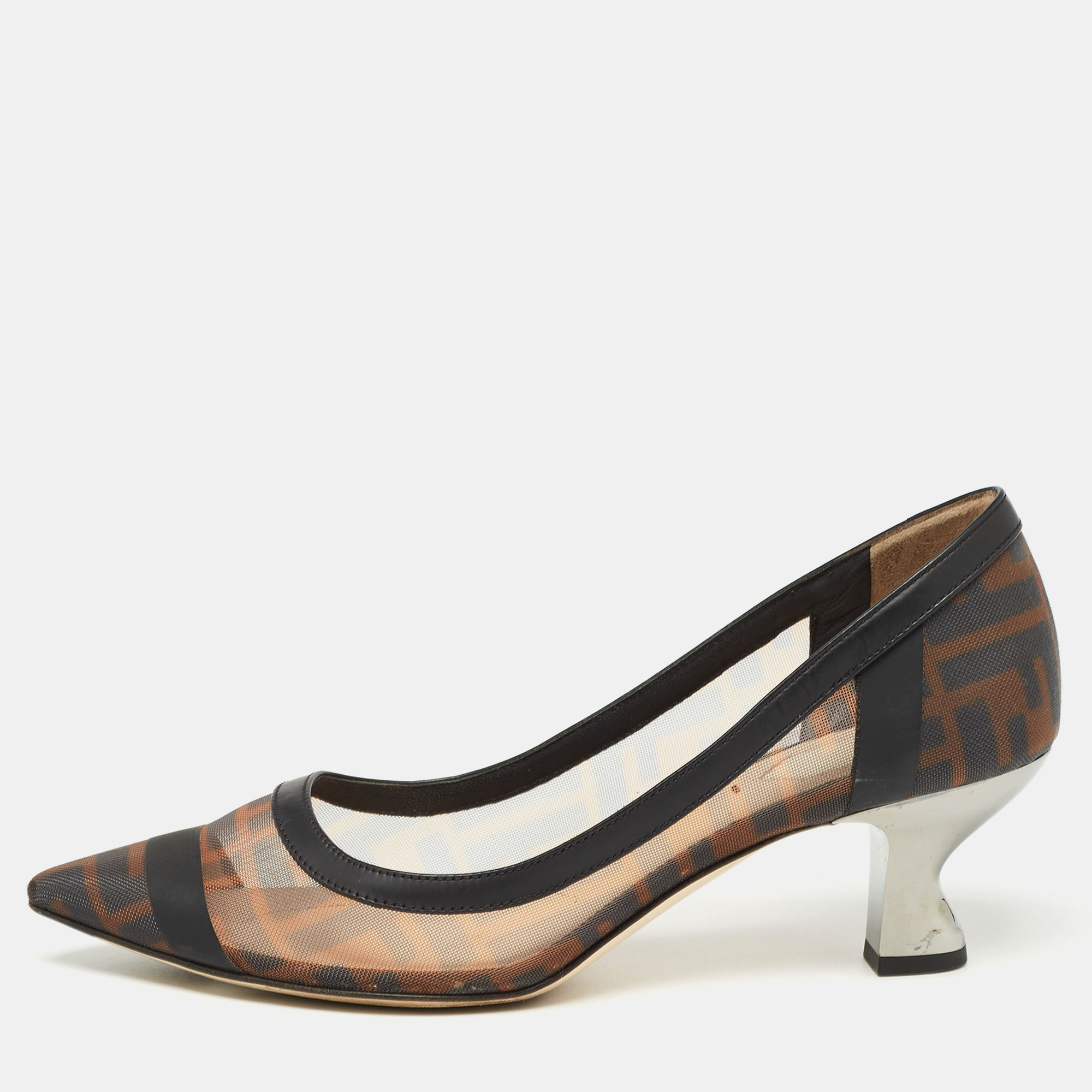 

Fendi Brown/Black Zucca Mesh and Leather Colibri Pumps Size