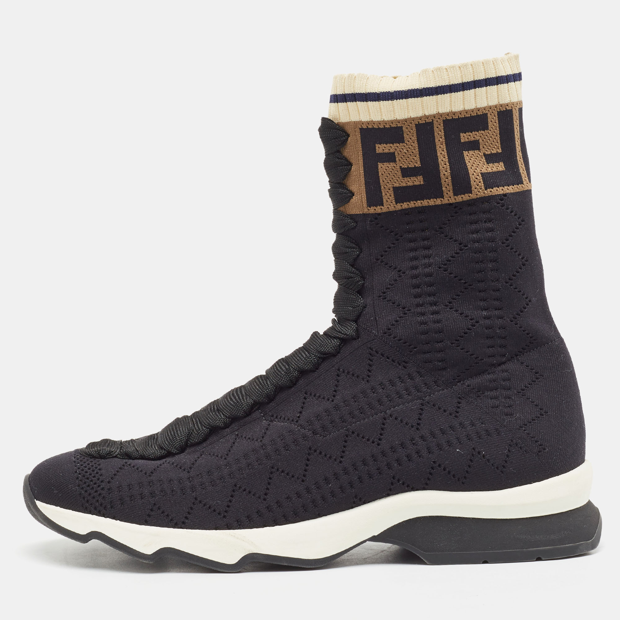 These stylish Rockoko sneakers come from the house of Fendi. Crafted in Italy they are made from leather in a lovely shade of black. They are styled with lace up fronts sock style FF motif detailing and rubber soles.