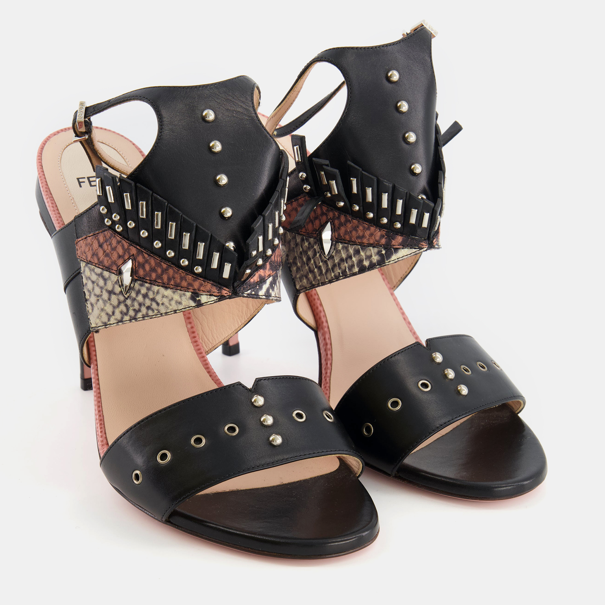 

Fendi Rocker Bug Black Studded Sandal Heels Size EU