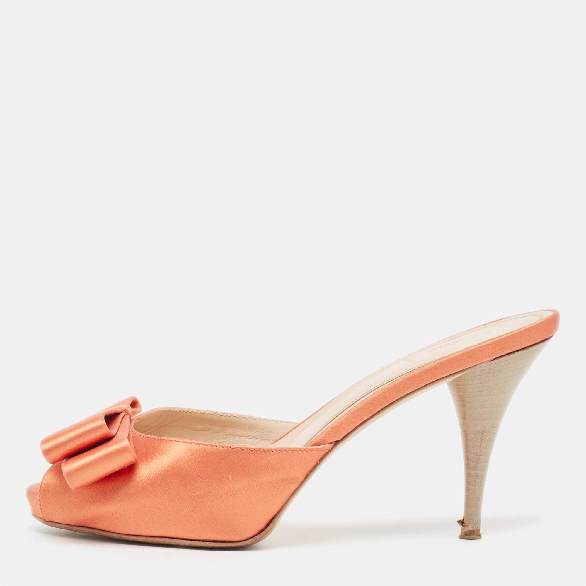 Pre-owned Fendi Orange Satin Bow Slide Sandals Size 40.5