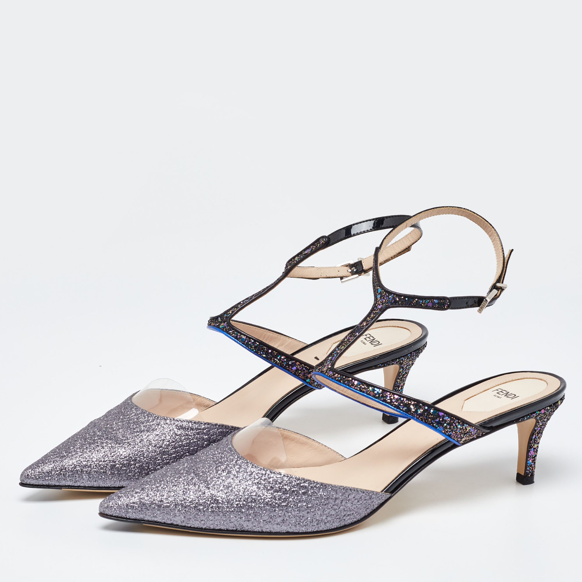 

Fendi Black/Grey PVC and Patent Leather Glitter Ankle Strap Sandals Size