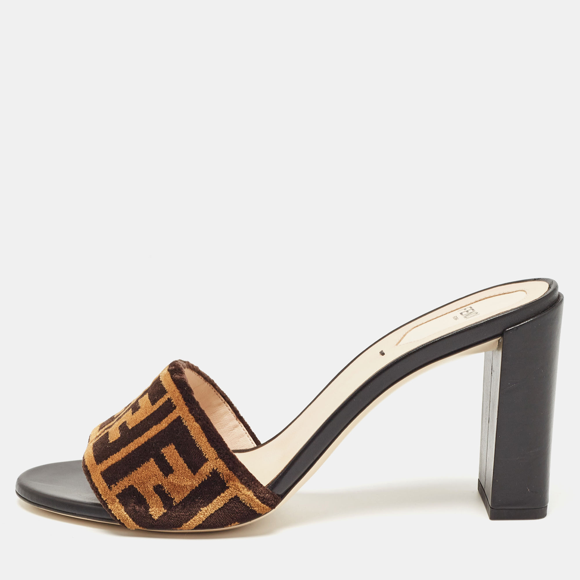 

Fendi Brown/Beige Zucca Velvet Slide Sandals Size