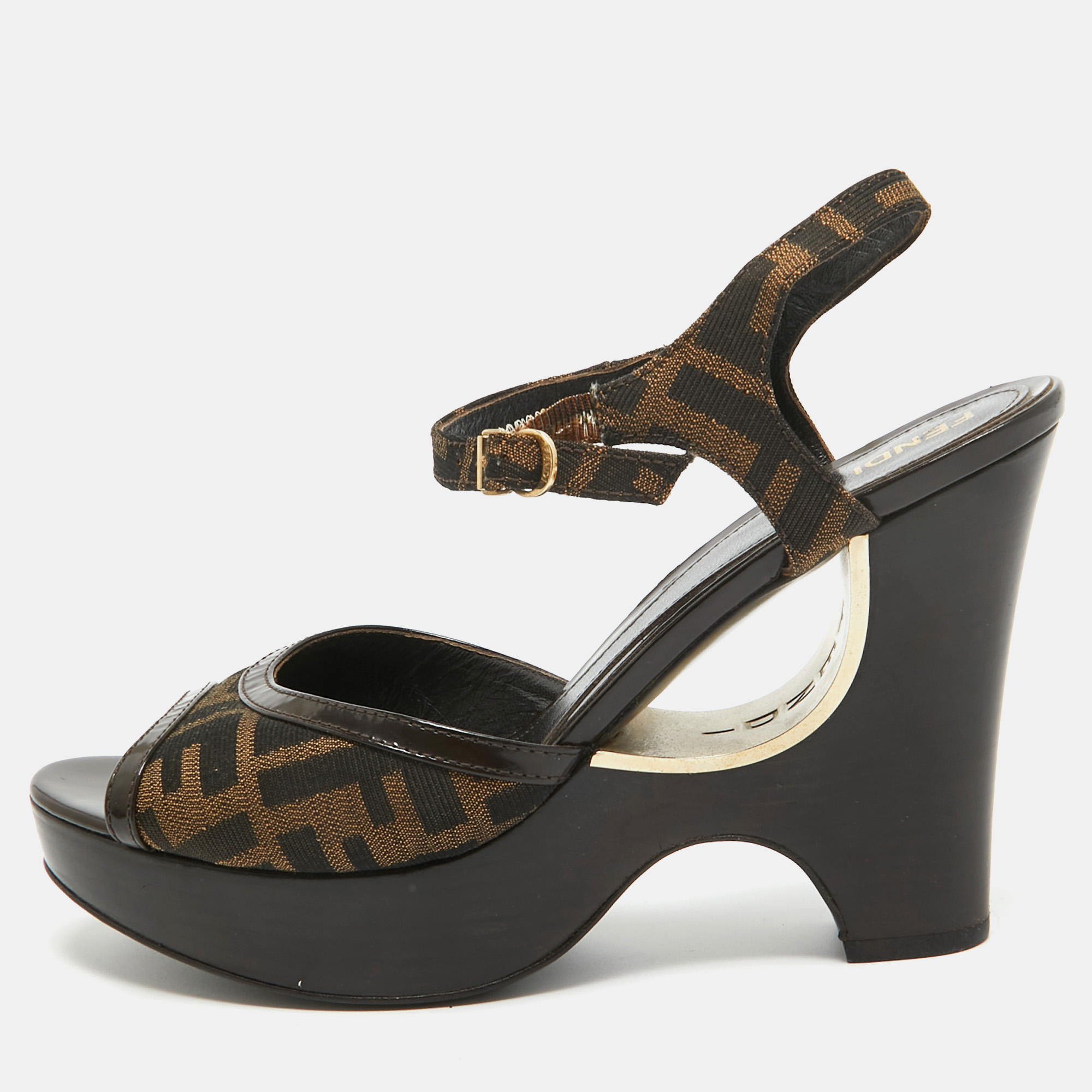 

Fendi Brown Zucca Canvas Wedge Platform Ankle Strap Sandals Size