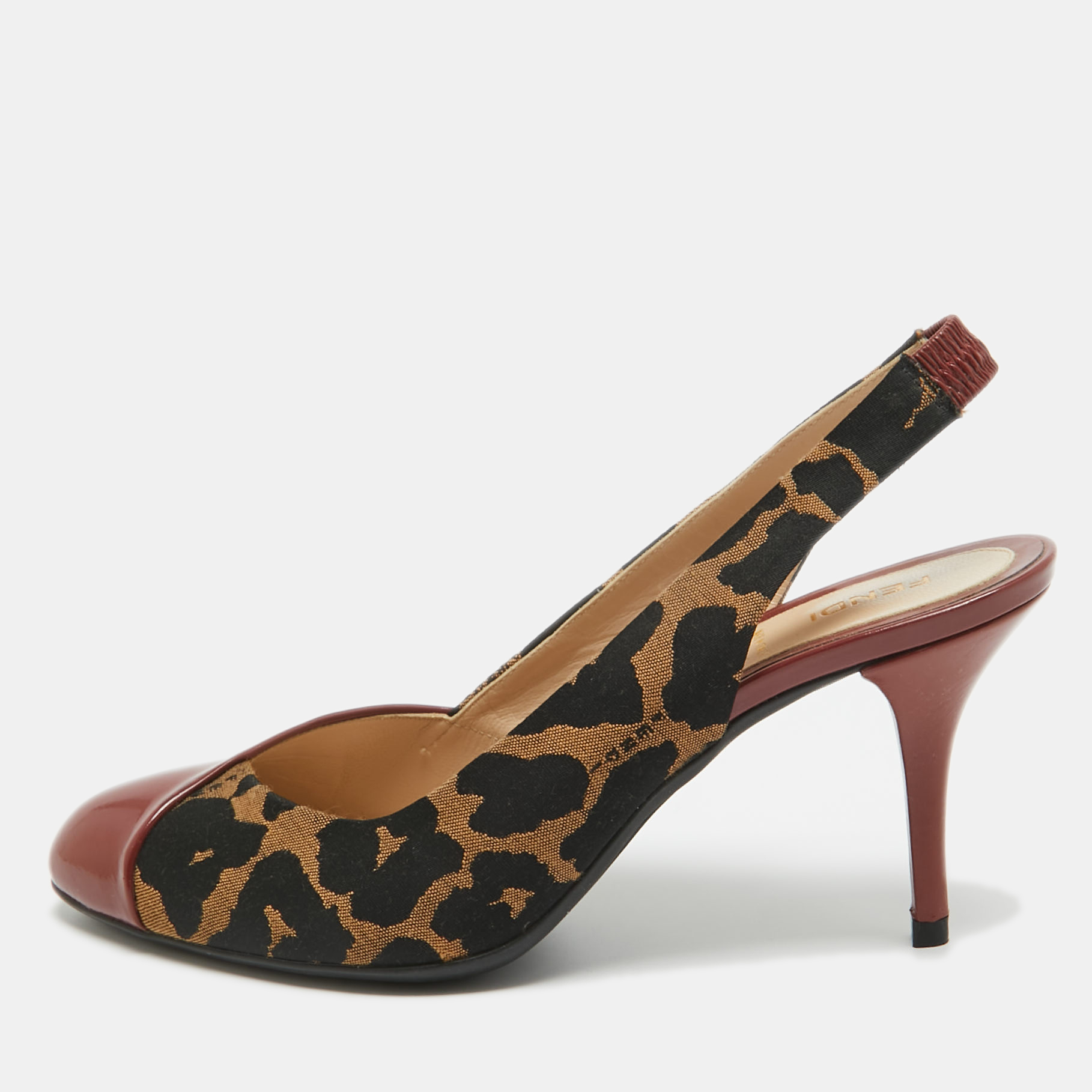 Fendi Red/Brown Patent and Canvas Slingback Pumps Size 38 